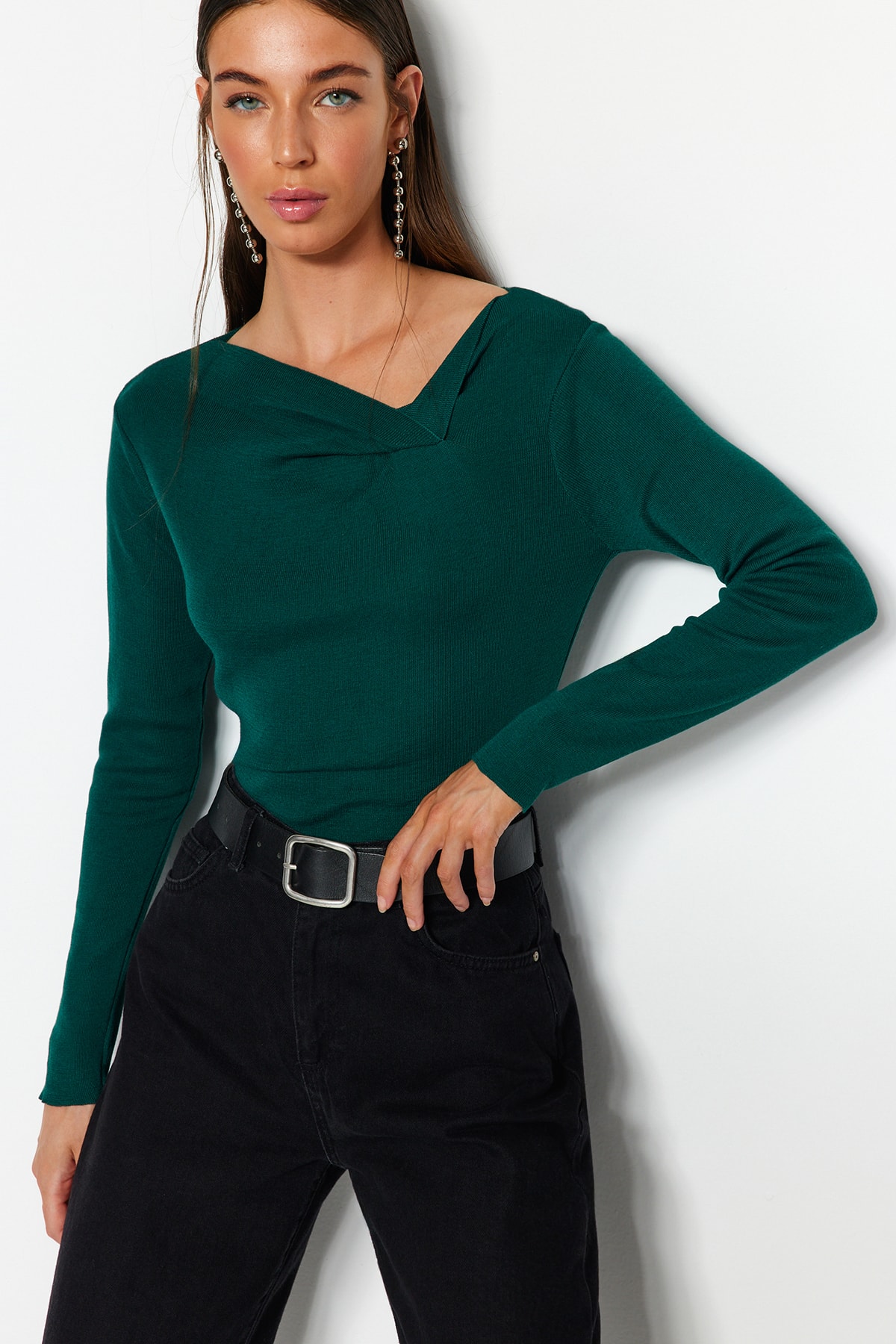 Trendyol Emerald Green Collar Detailed Knitwear Sweater