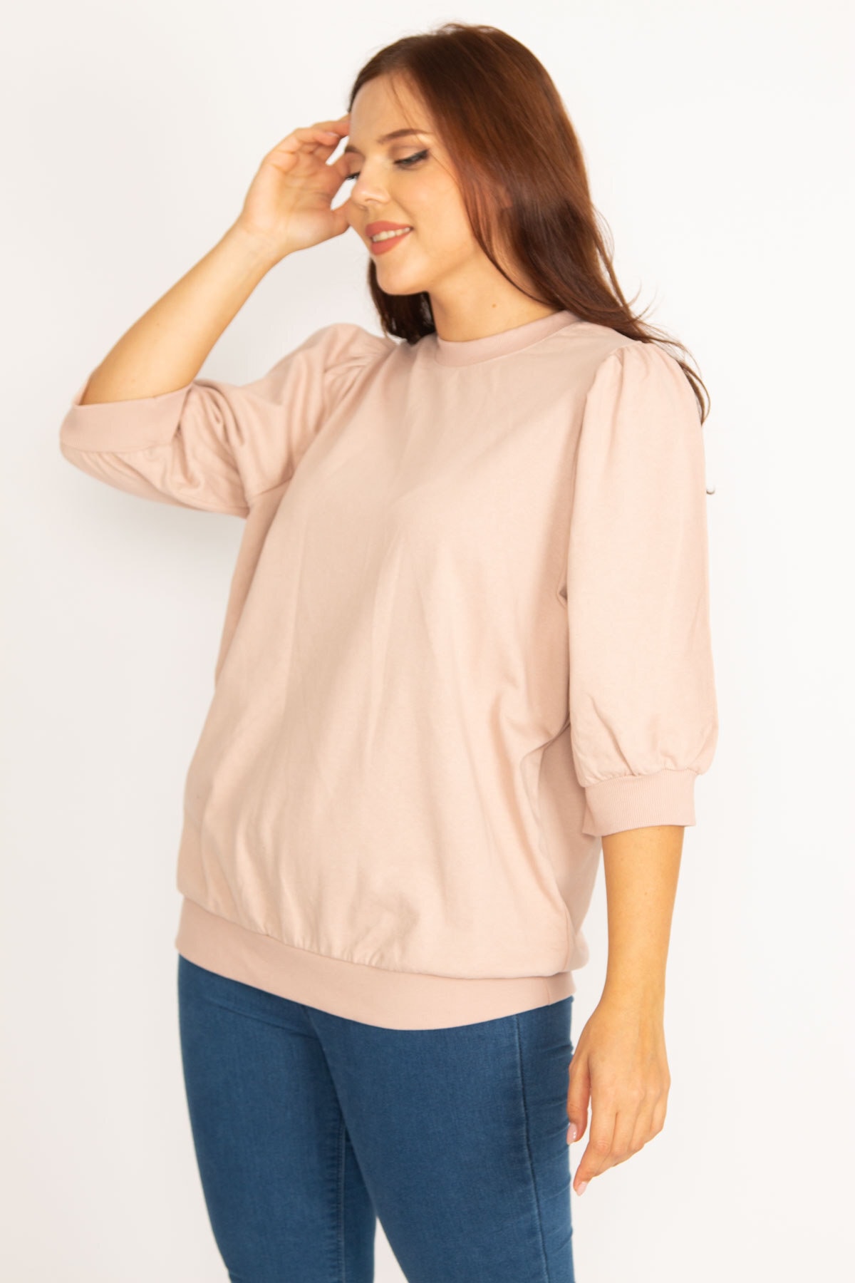 Levně Şans Women's Plus Size Powder Smoked Shoulder Capri Sleeve Sweatshirt