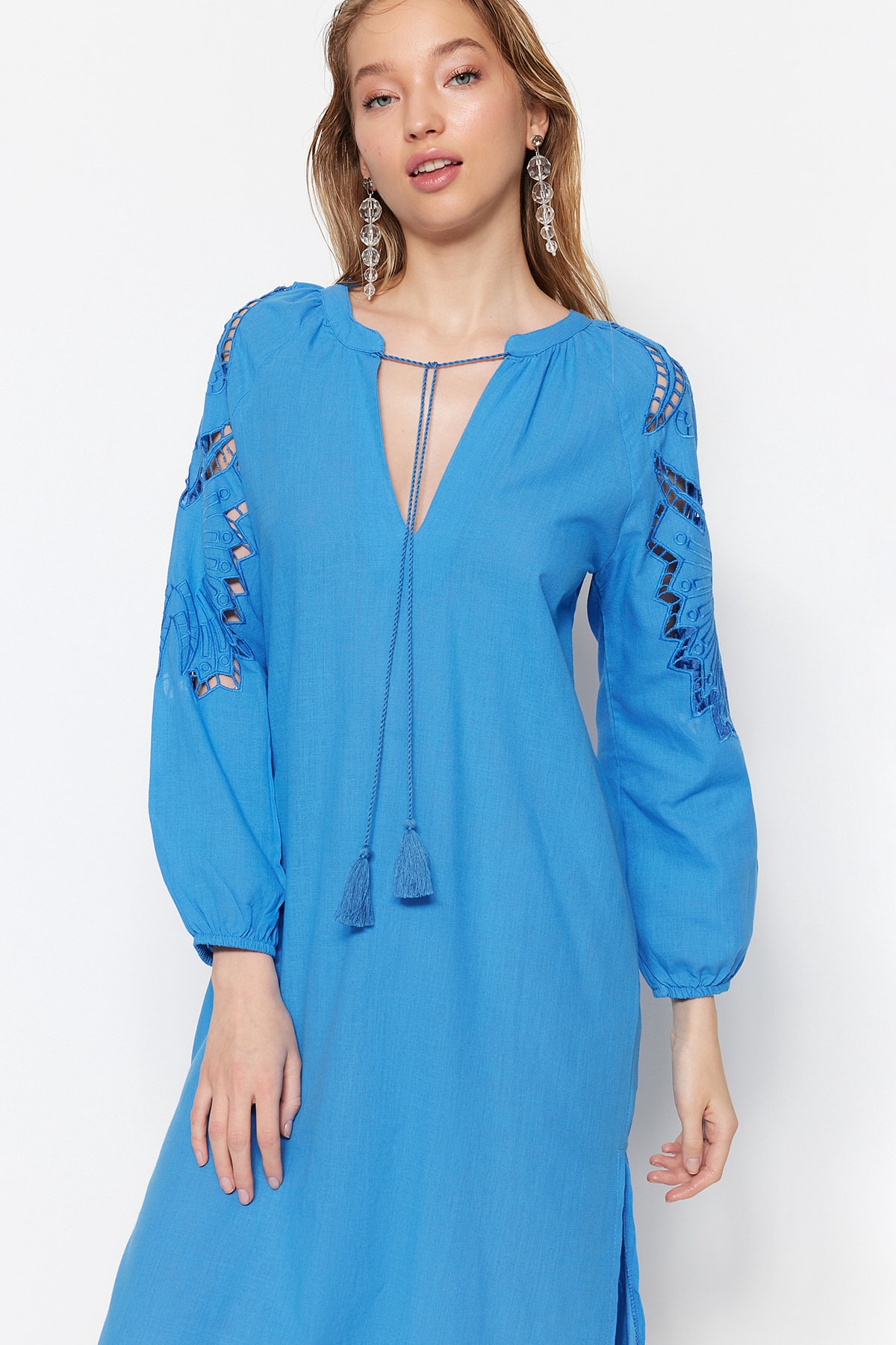 Trendyol Blue Midi Woven Kimono&Caftan 100% Cotton with Tassels