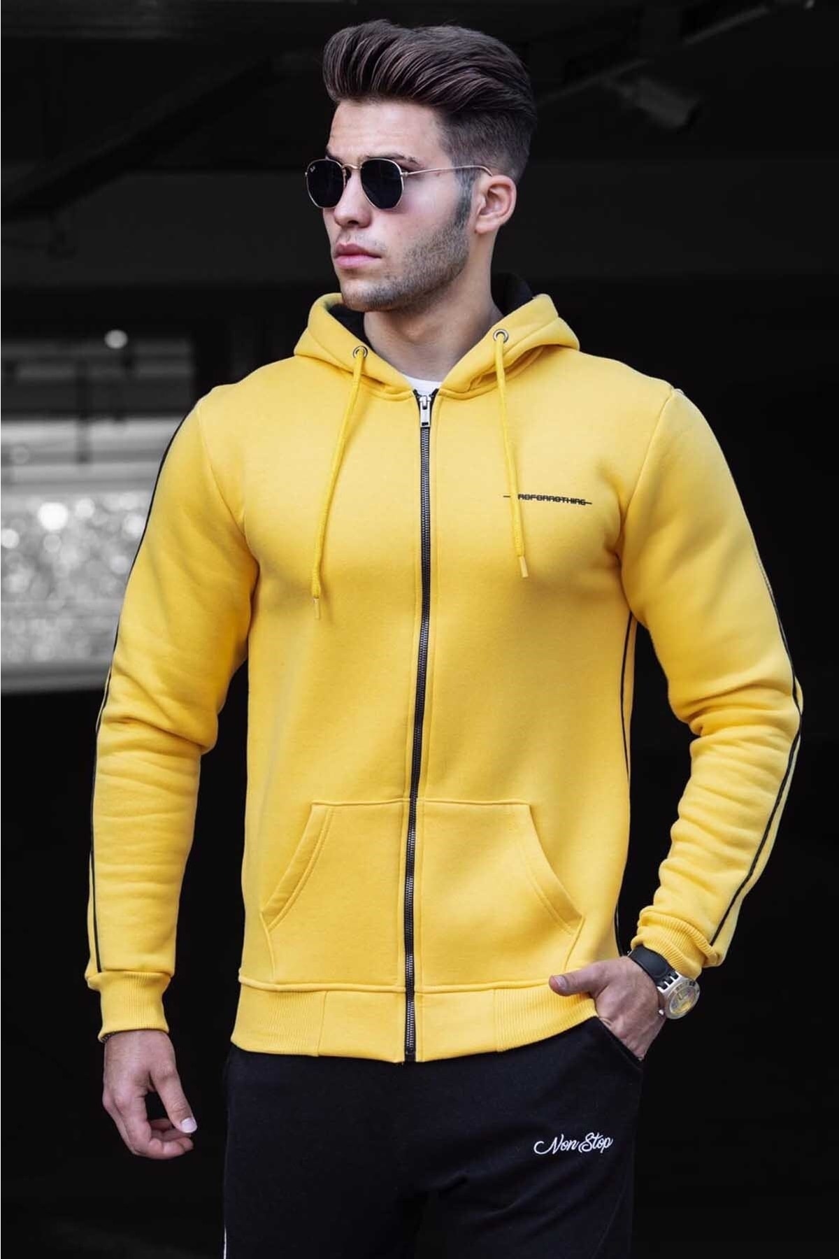 Levně Madmext Men's Yellow Zippered Hoodie Sweatshirt 4741