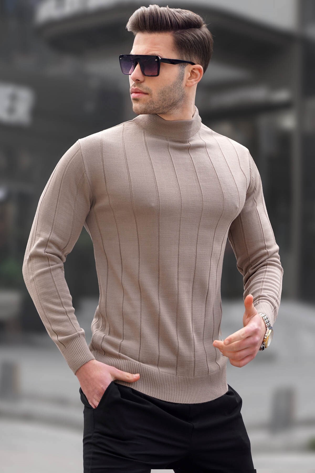 Levně Madmext Mink Slim Fit Half Turtleneck Striped Anti-Pilling Men's Knitwear Sweater 6344