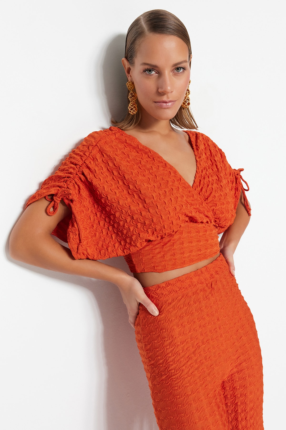 Trendyol Tile Crop Woven Gathered Blouse