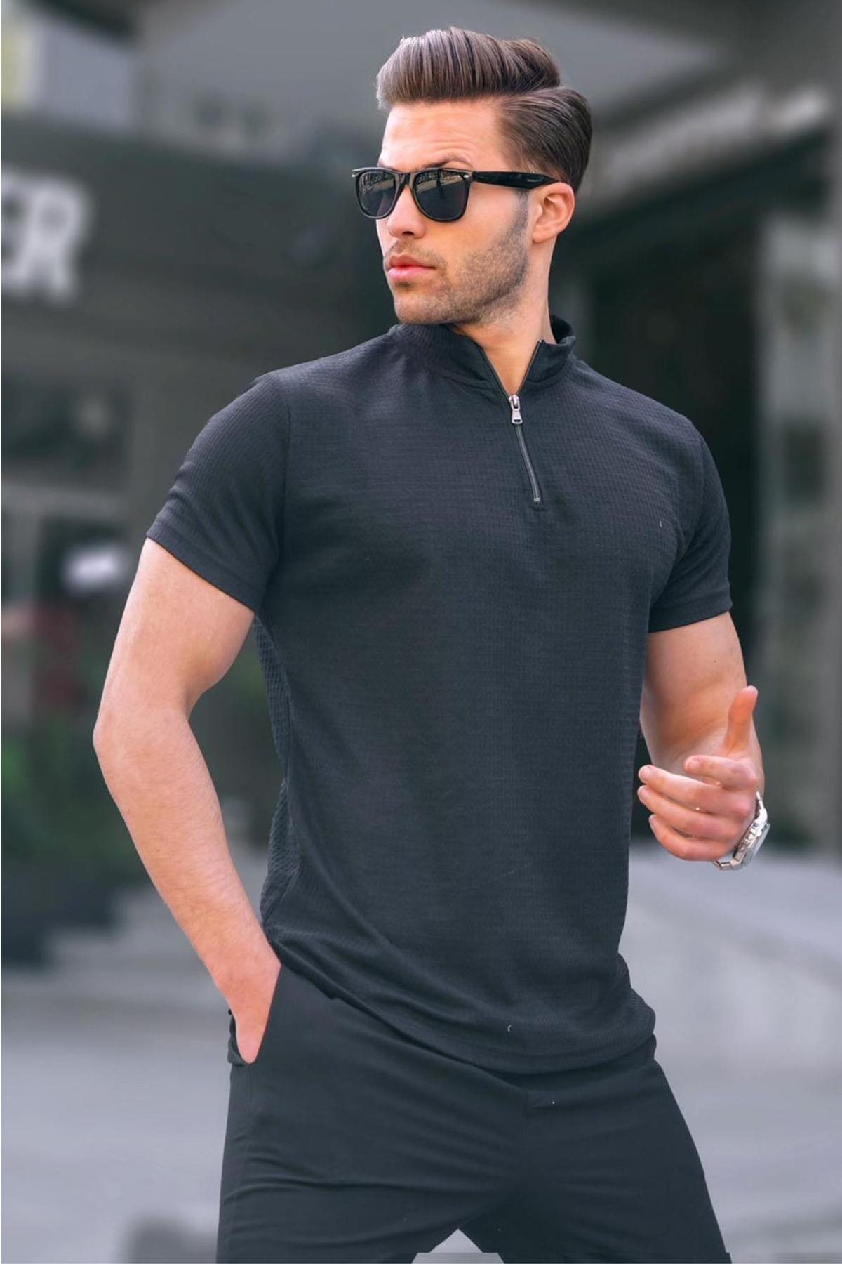 Levně Madmext Men's Zipper Collar Black T-Shirt 6120