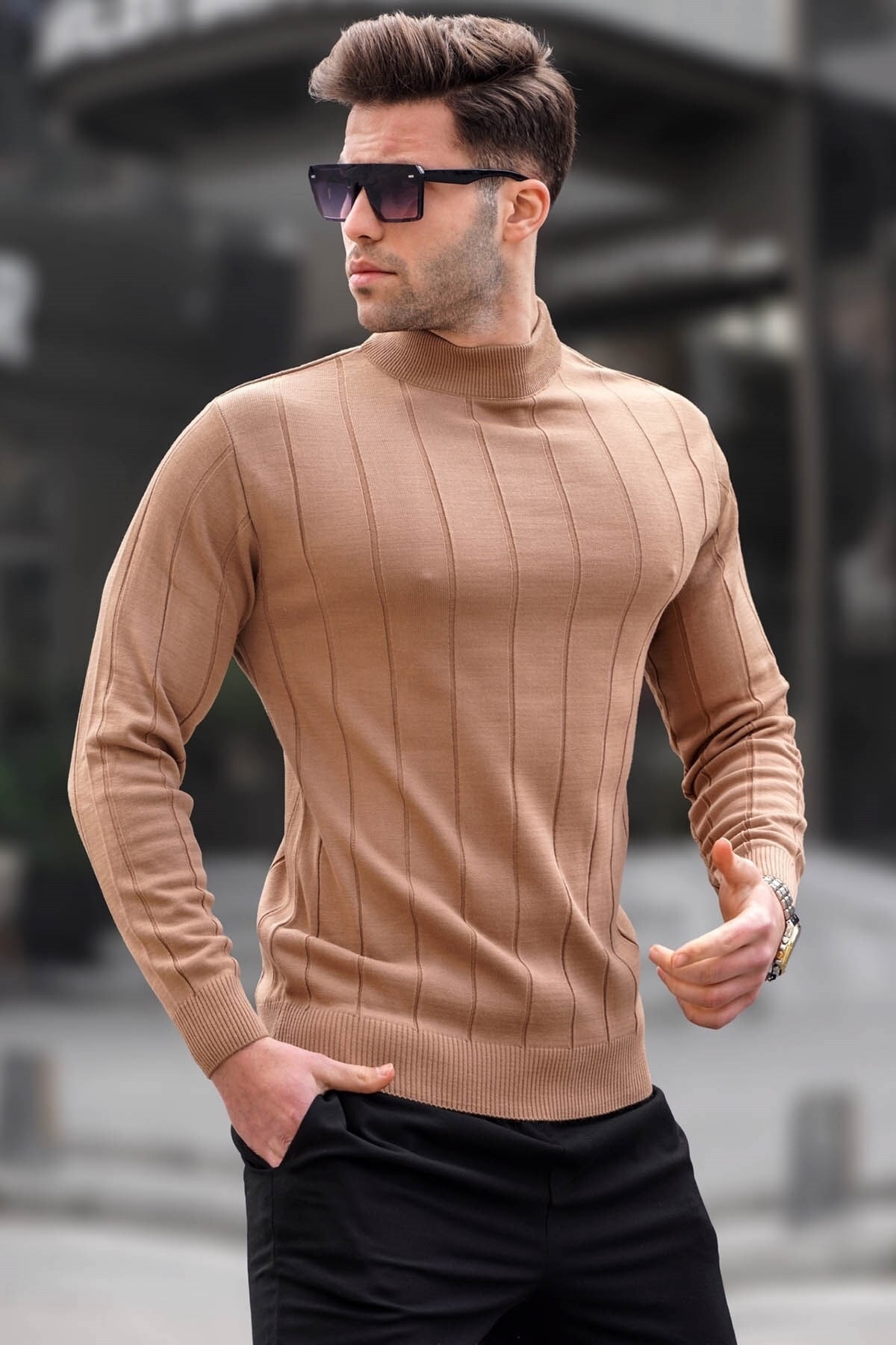 Levně Madmext Beige Slim Fit Half Turtleneck Striped Anti-Pilling Men's Knitwear Sweater 6344