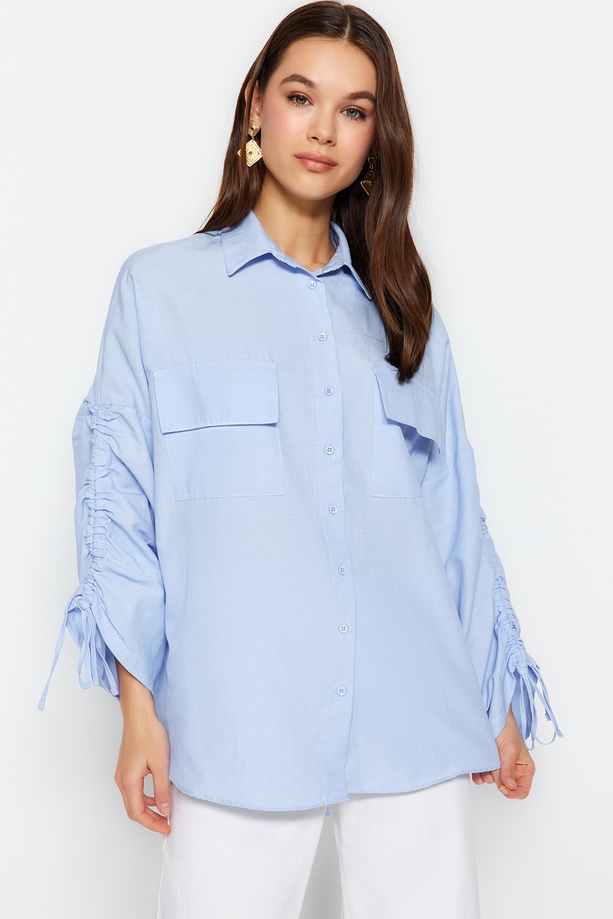 Trendyol Light Blue Adjustable Gathered Detail Woven Cotton Shirt With Sleeves