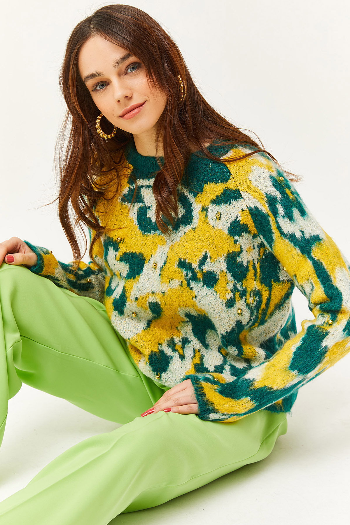 Levně Olalook Women's Yellow-Green Patterned Soft Textured Knitwear Sweater