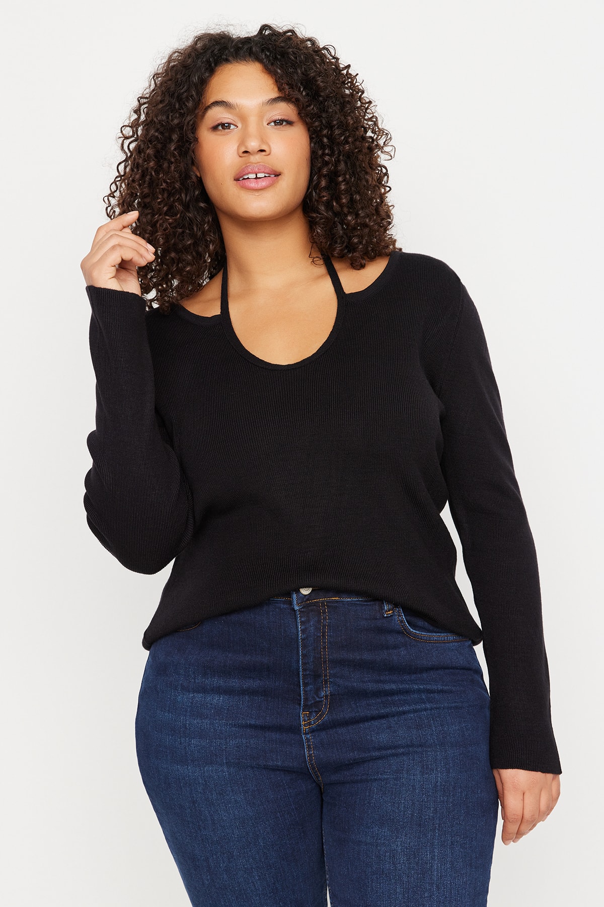 Trendyol Curve Plus Size Sweater - Black - Fitted