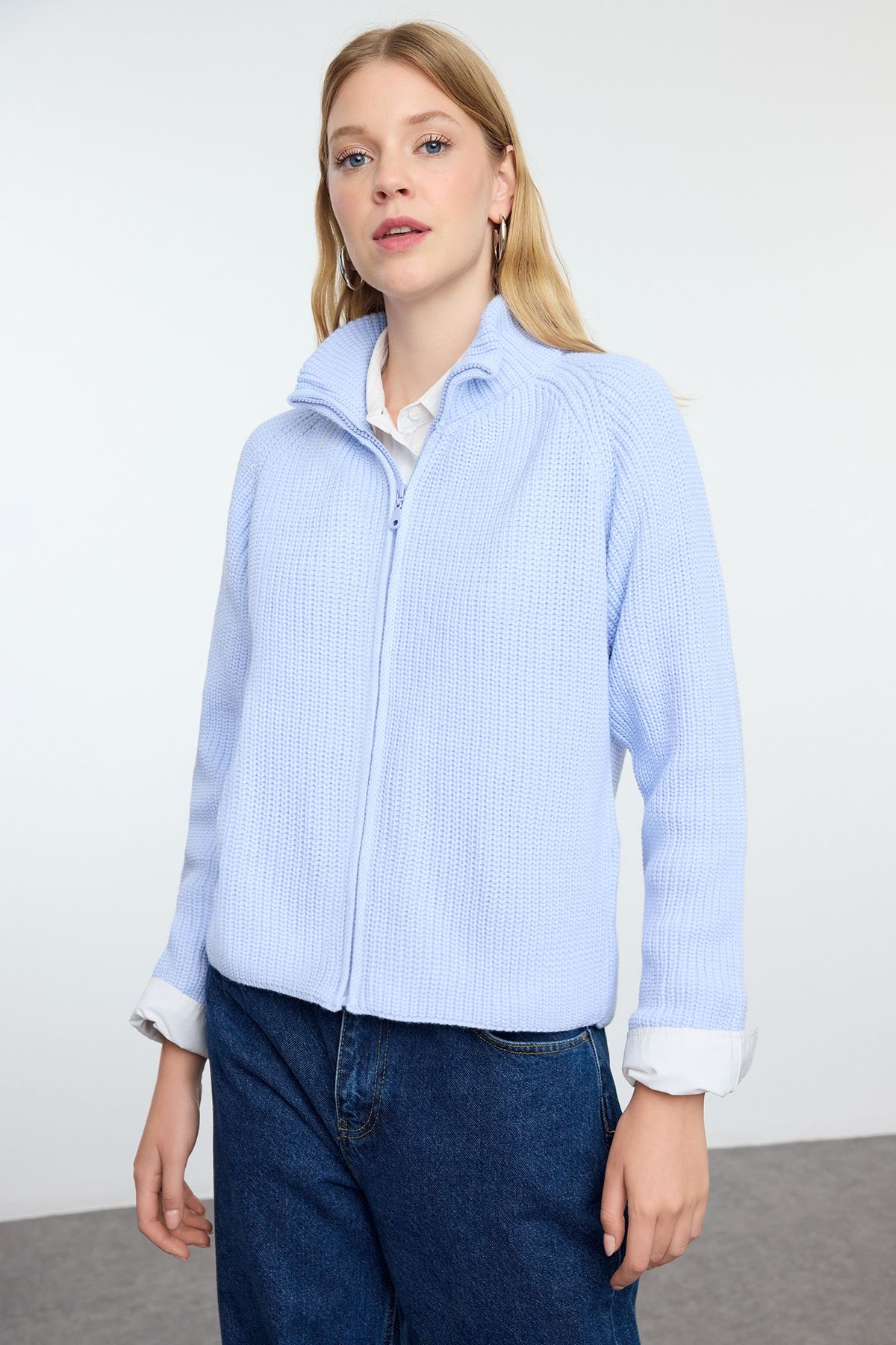 Trendyol Light Blue Basic Stand Collar Knitwear Cardigan