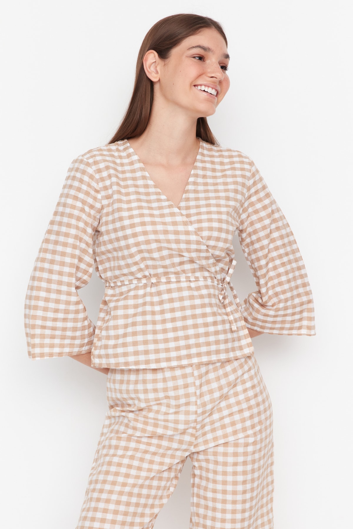 Trendyol Beige Double Breasted Pajamas Set with Tie Detail, Woven Textured