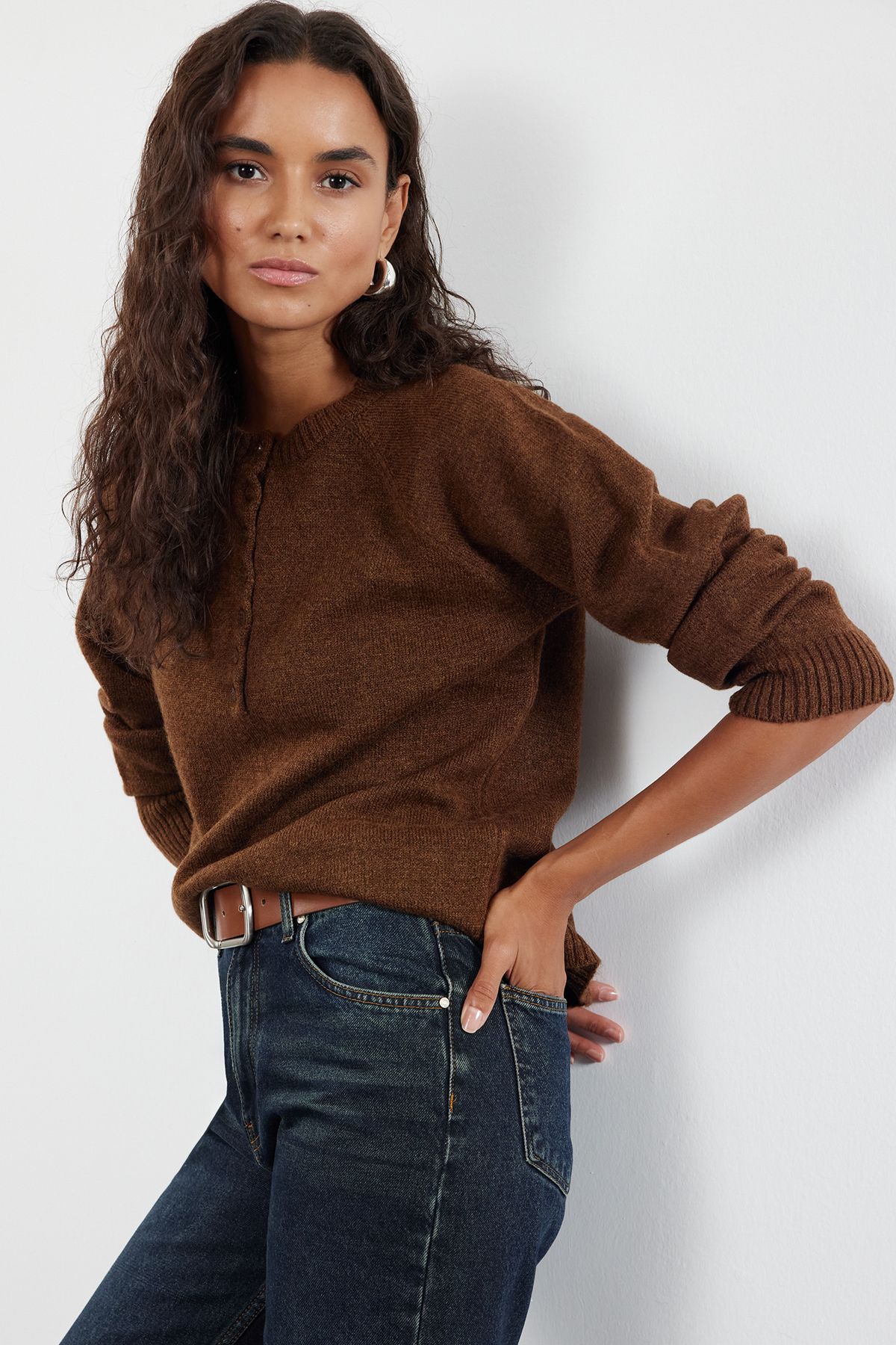 Trendyol Brown Button Detailed Knitwear Sweater