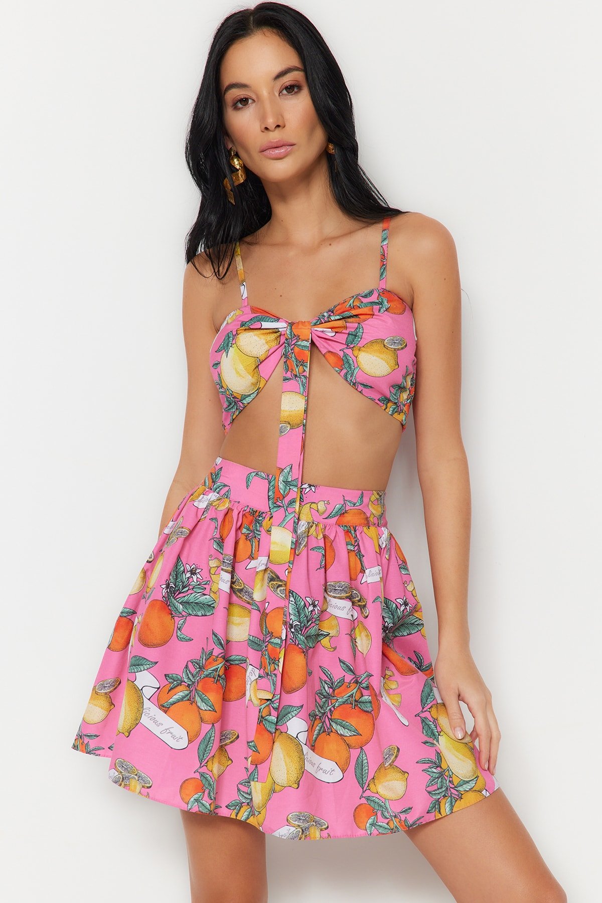 Trendyol Fruit Patterned Woven Tie Blouse Skirt Set