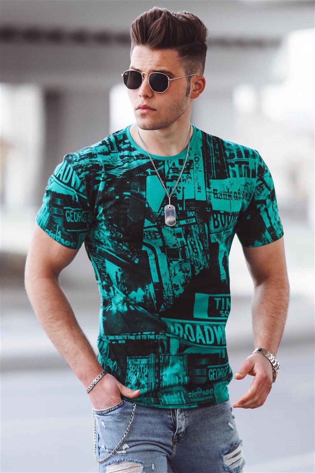 Madmext Men's Green Printed T-Shirt 3087