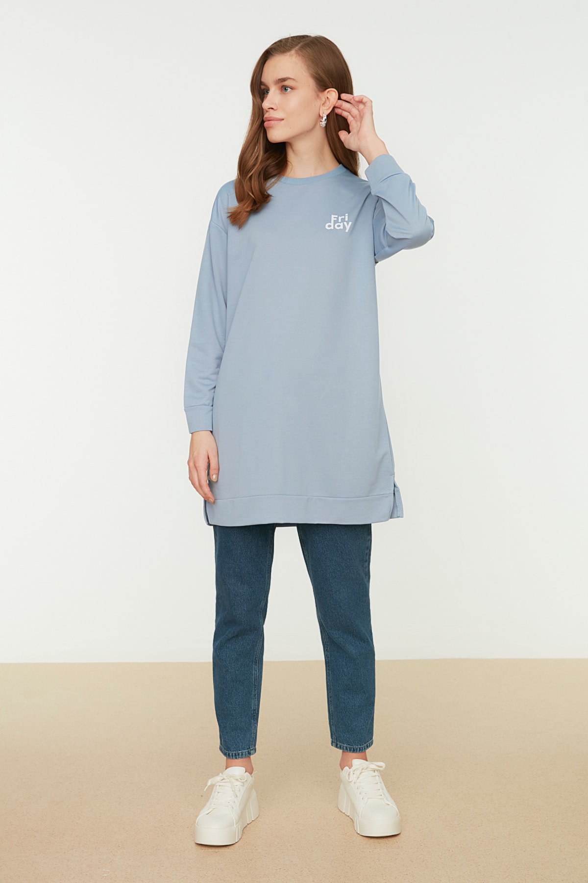 Trendyol Blue Crew Neck Slit Detailed Printed Knitted Sweatshirt