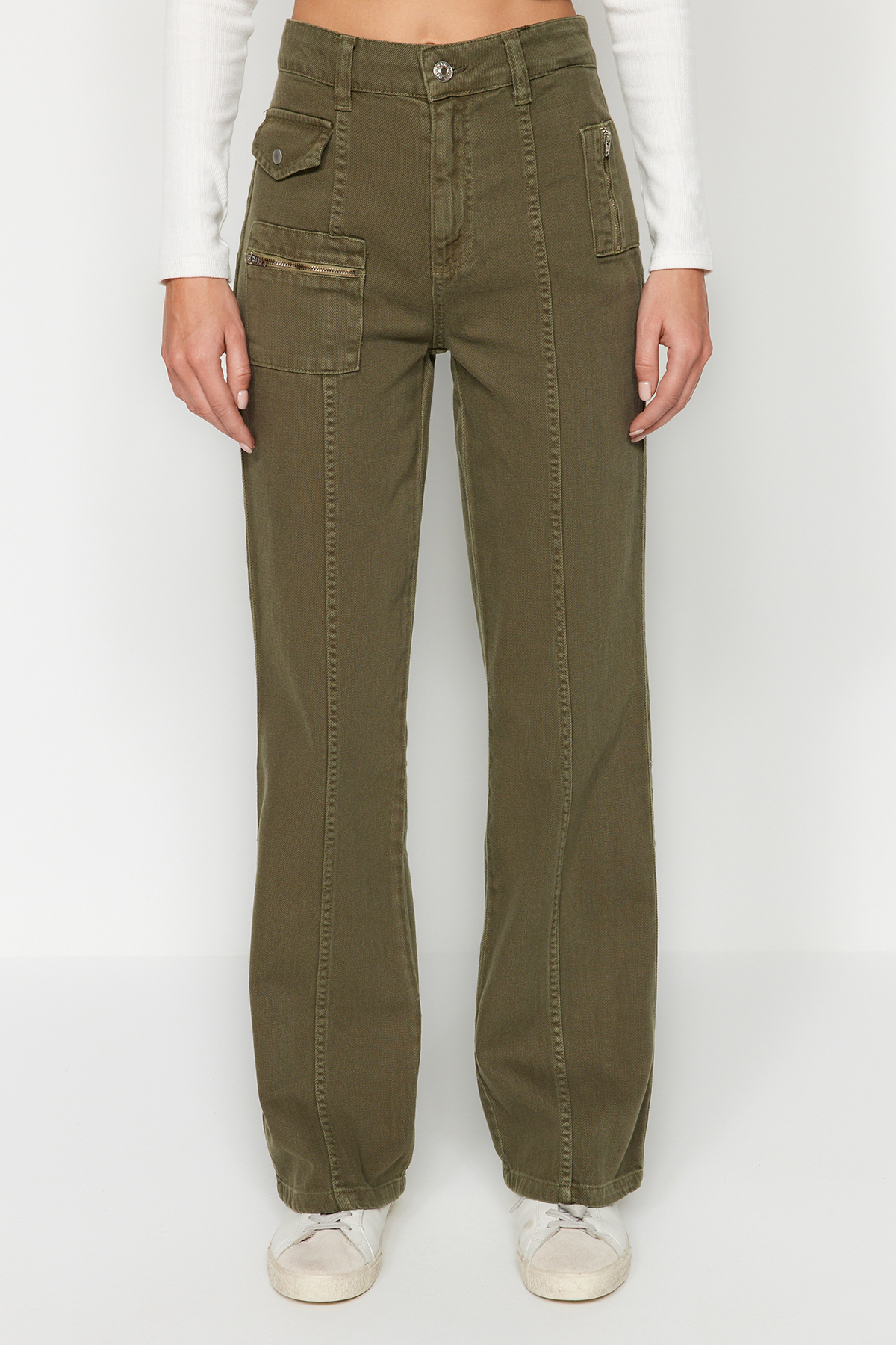 Trendyol Khaki Pocket Detailed Zippered High Waist Wide Leg Jeans