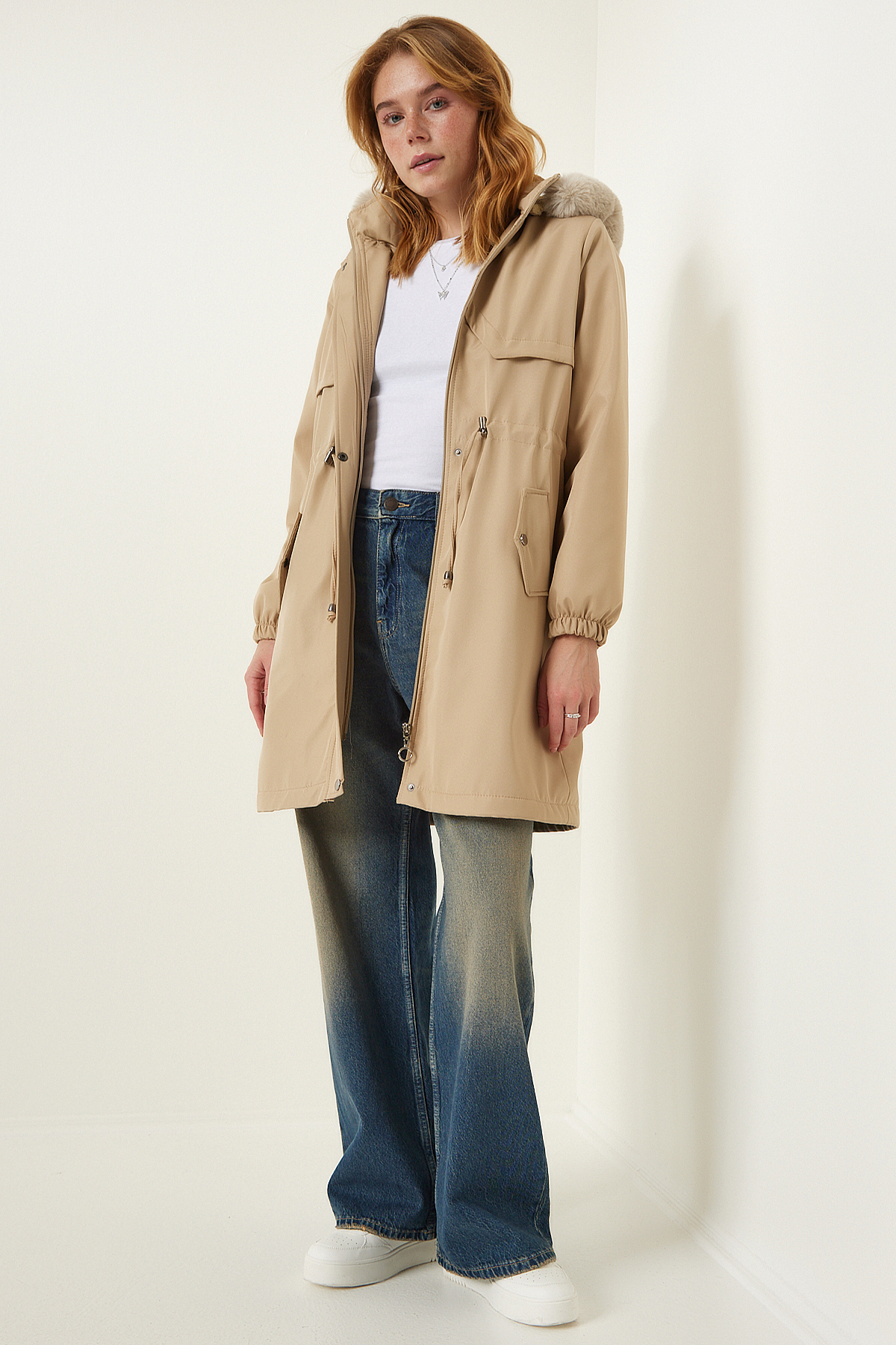 Happiness İstanbul Women's Beige Hooded Für Coat