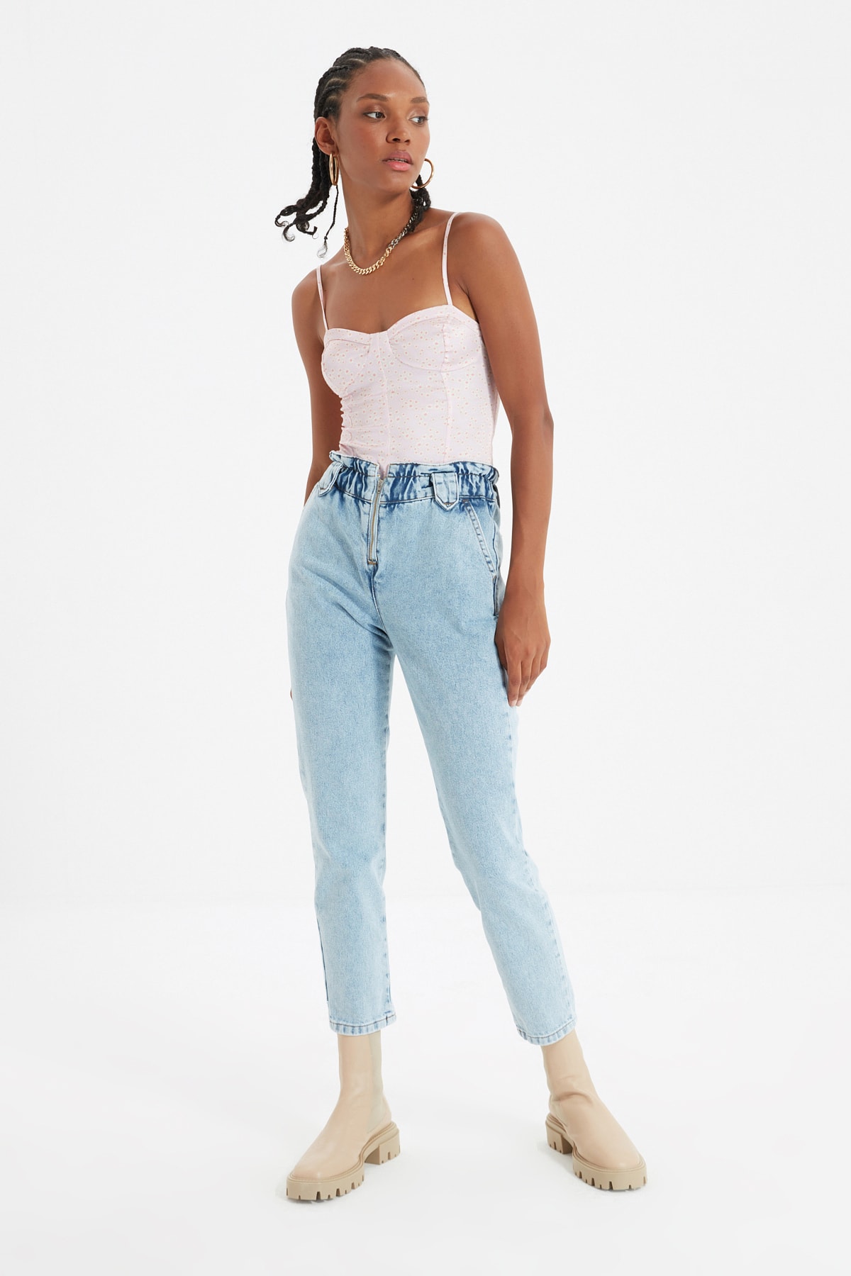 Trendyol Blue Waist Detailed High Waist Mom Jeans