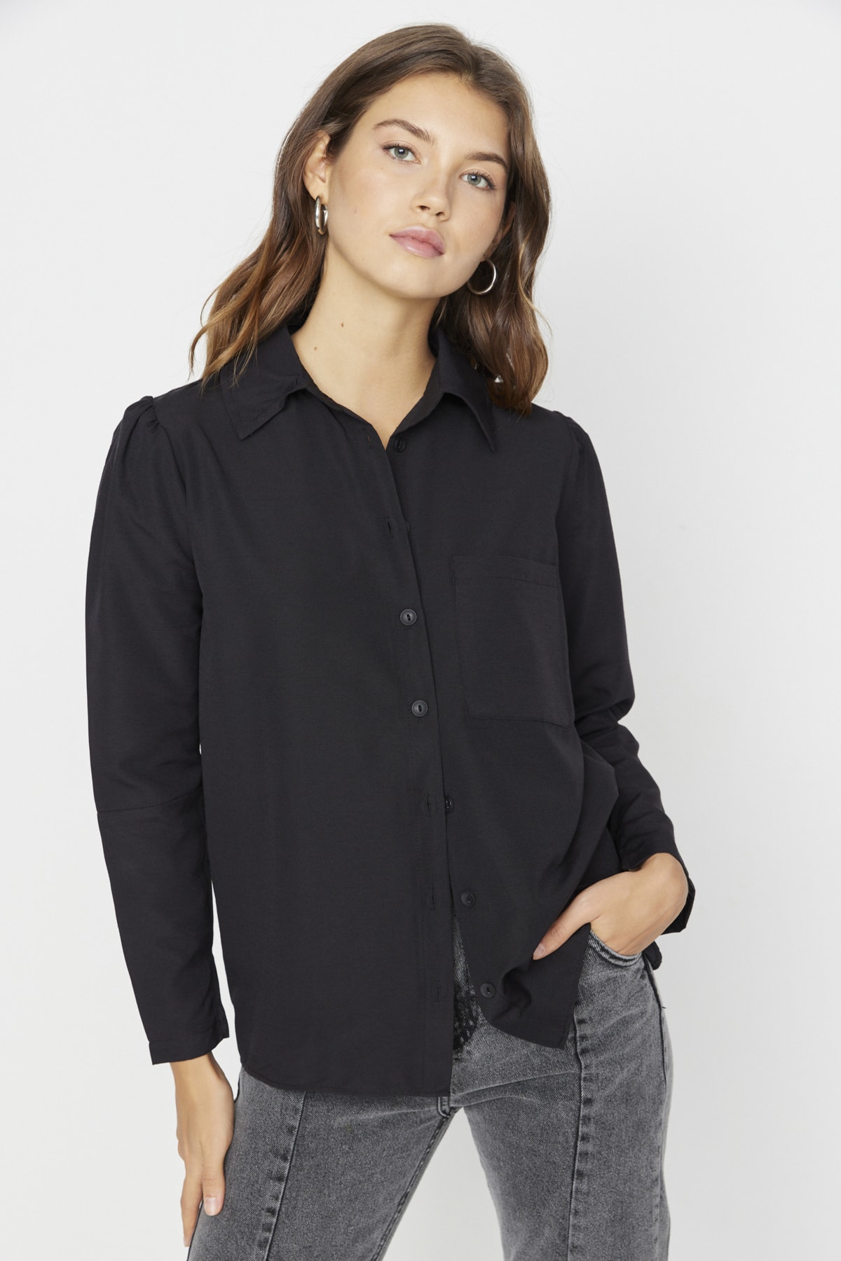 Trendyol Black Woven Shoulder Detailed Shirt