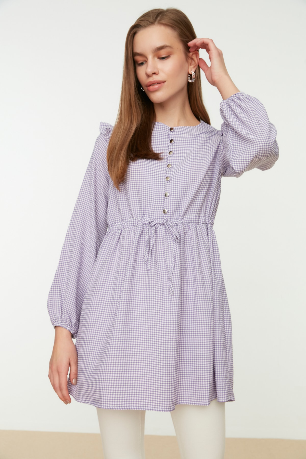 Trendyol Lilac Hijab Tie Waist Ruffle Detailed Woven Tunic