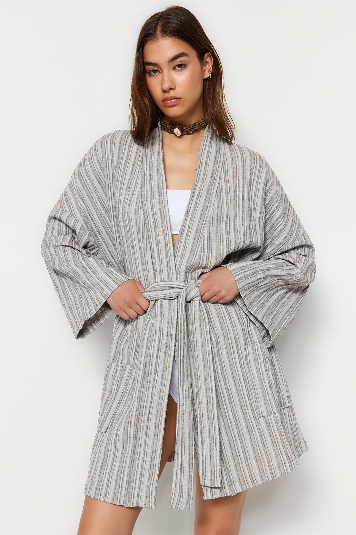 Trendyol Mini Woven Kimono & Caftan with Brown Belt