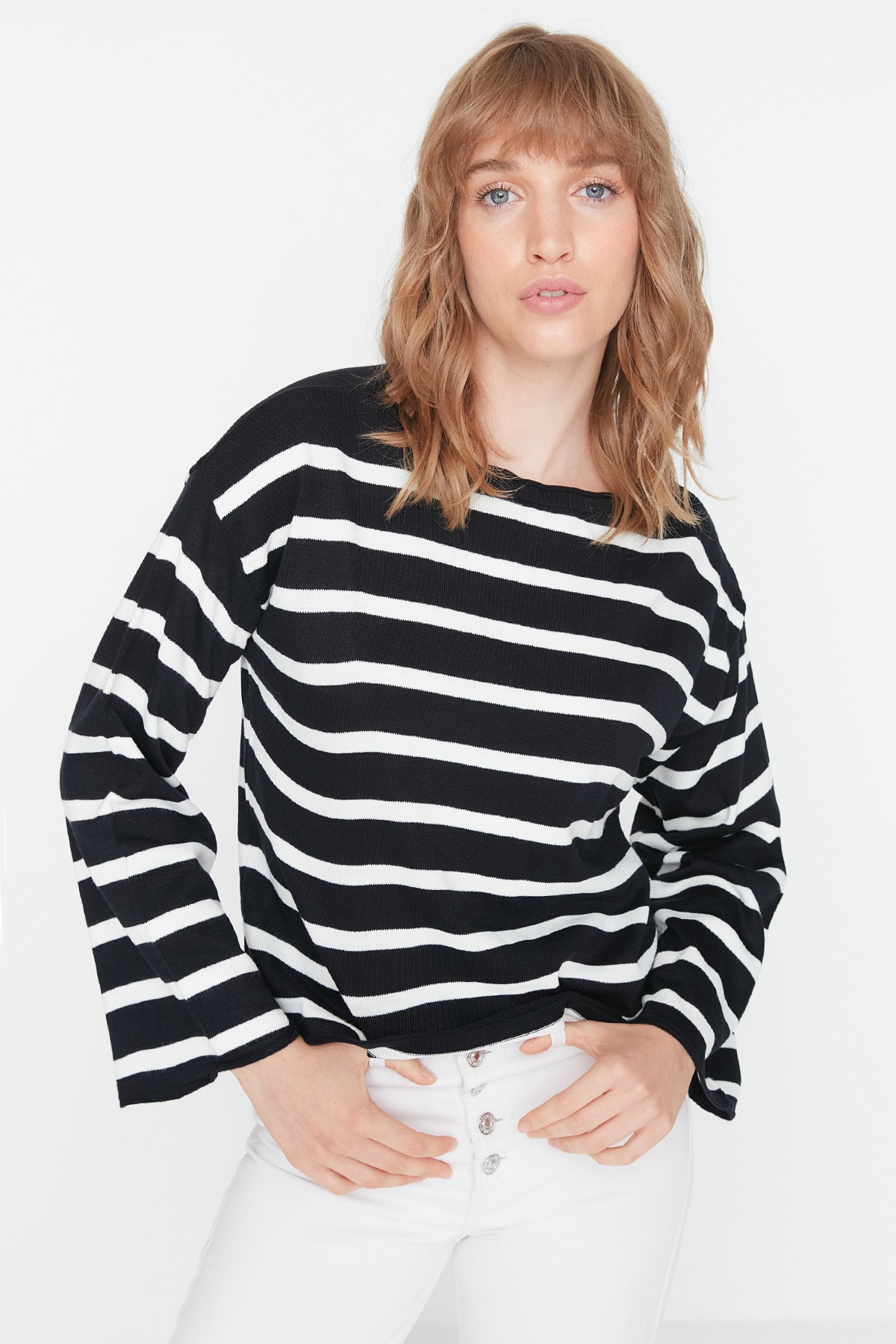 Trendyol Ecru Basic Striped Knitwear Sweater