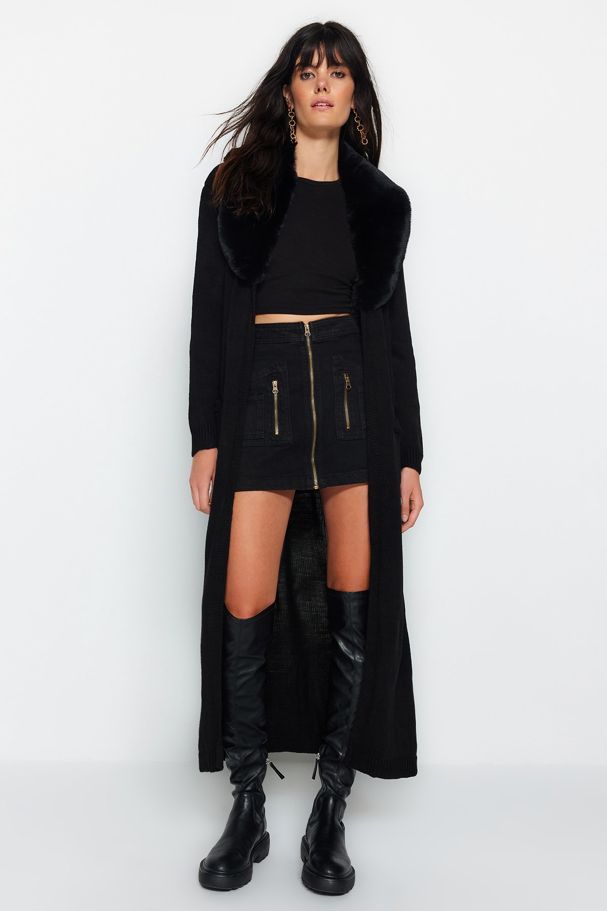 Trendyol Black Maxi Faux Fur Detachable Knitwear Cardigan