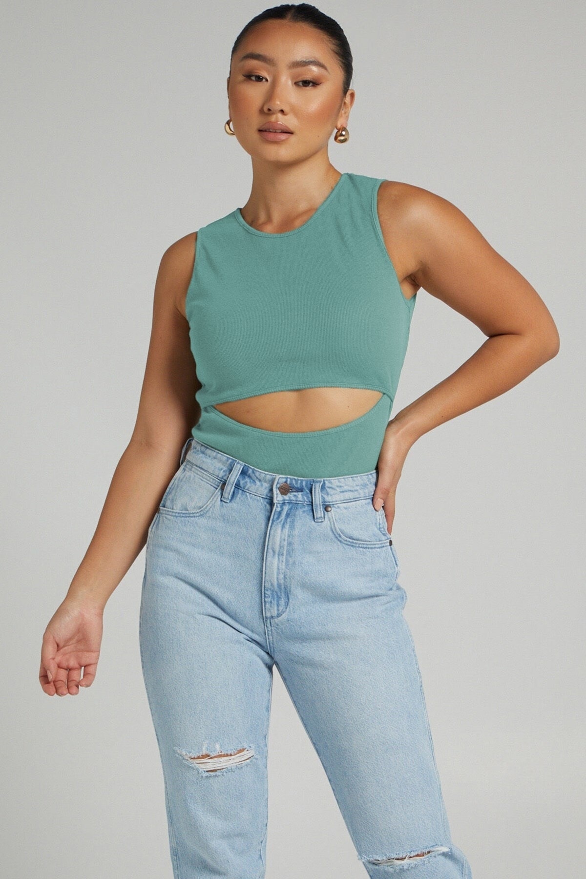 Madmext Mint Green Ripped Detailed Basic Bodysuit