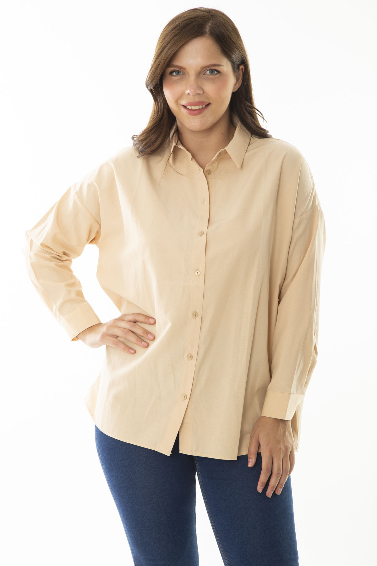 Şans Women's Plus Size Beige Shirt with Front Buttons and Long Sleeves