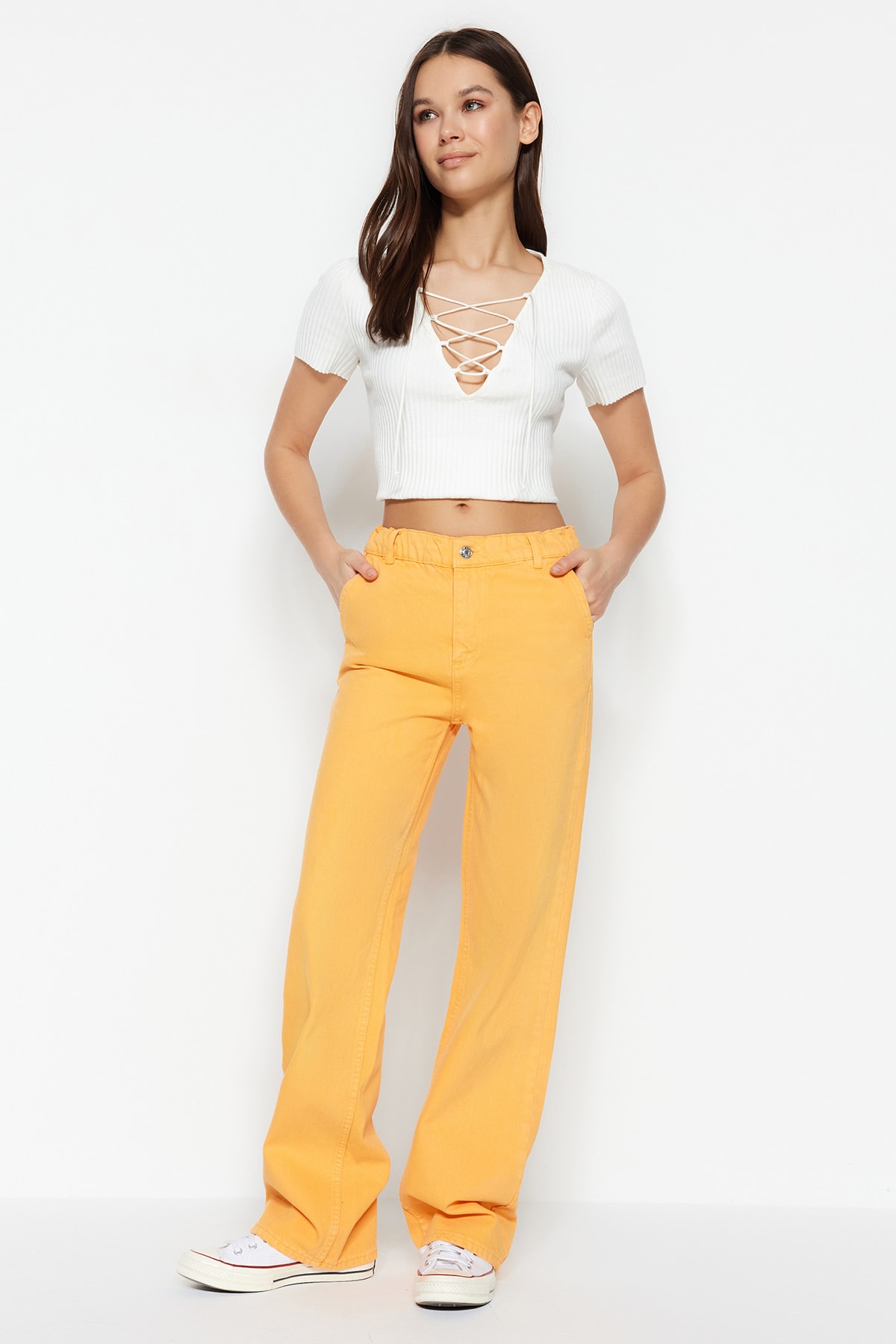 Trendyol Orange High Waist Wide Leg Jeans Pants