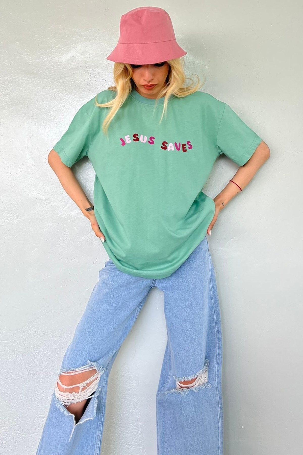 Levně Madmext Mint Green Oversized Printed T-Shirt