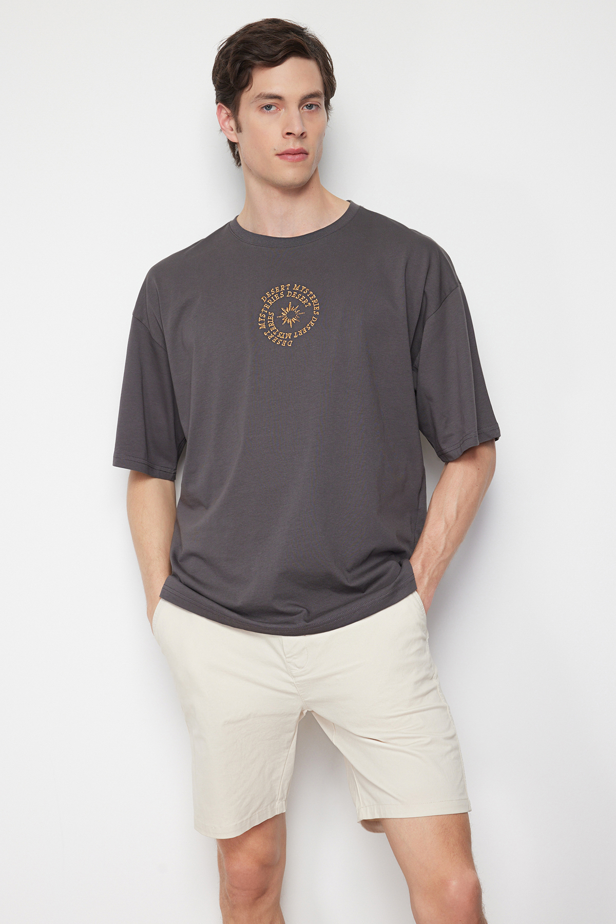 Trendyol Anthracite Men's Oversize/Wide-Fit 100% Cotton T-shirt With Text Embroidery