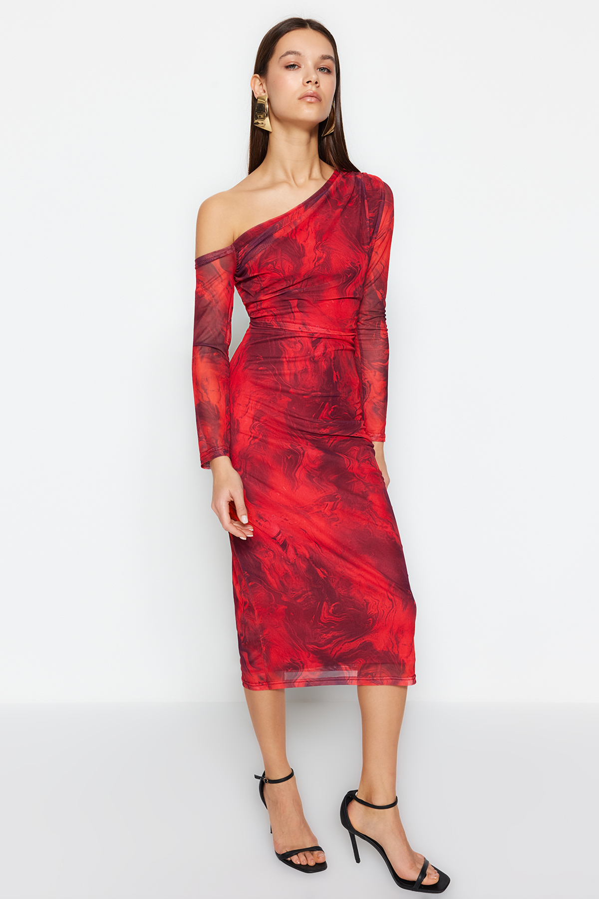 Trendyol Red Patterned Lined Fitted Asymmetrical Collar Flexible Knitted Midi Pencil Dress