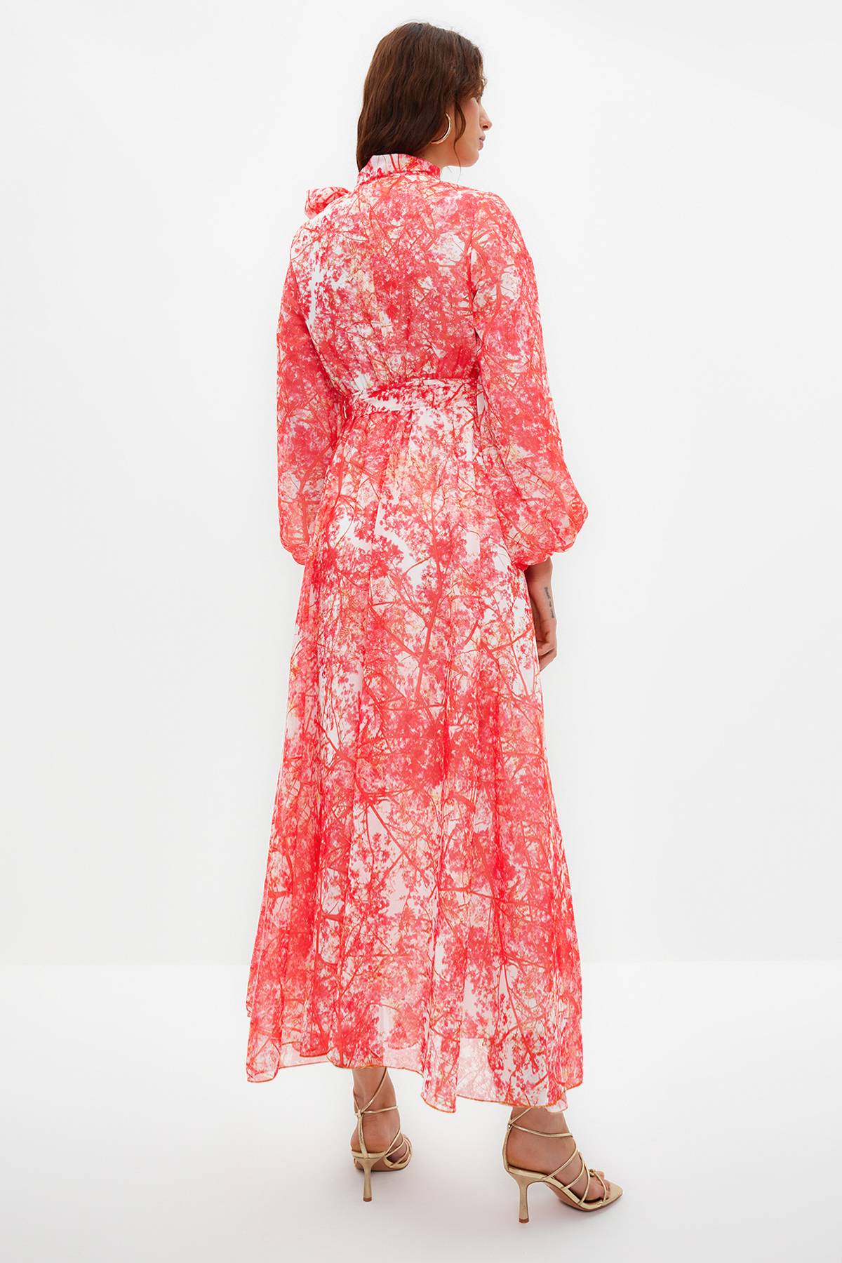 Trendyol Red Floral Patterned Lined Long Chiffon Evening Dress