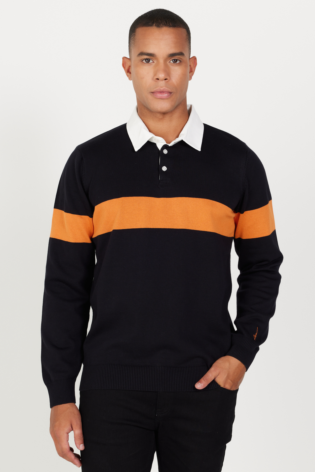 Levně AC&Co / Altınyıldız Classics Men's Black-Mustard Standard Fit Regular Cut Polo Neck 100% Cotton Patterned Knitwear Sweater