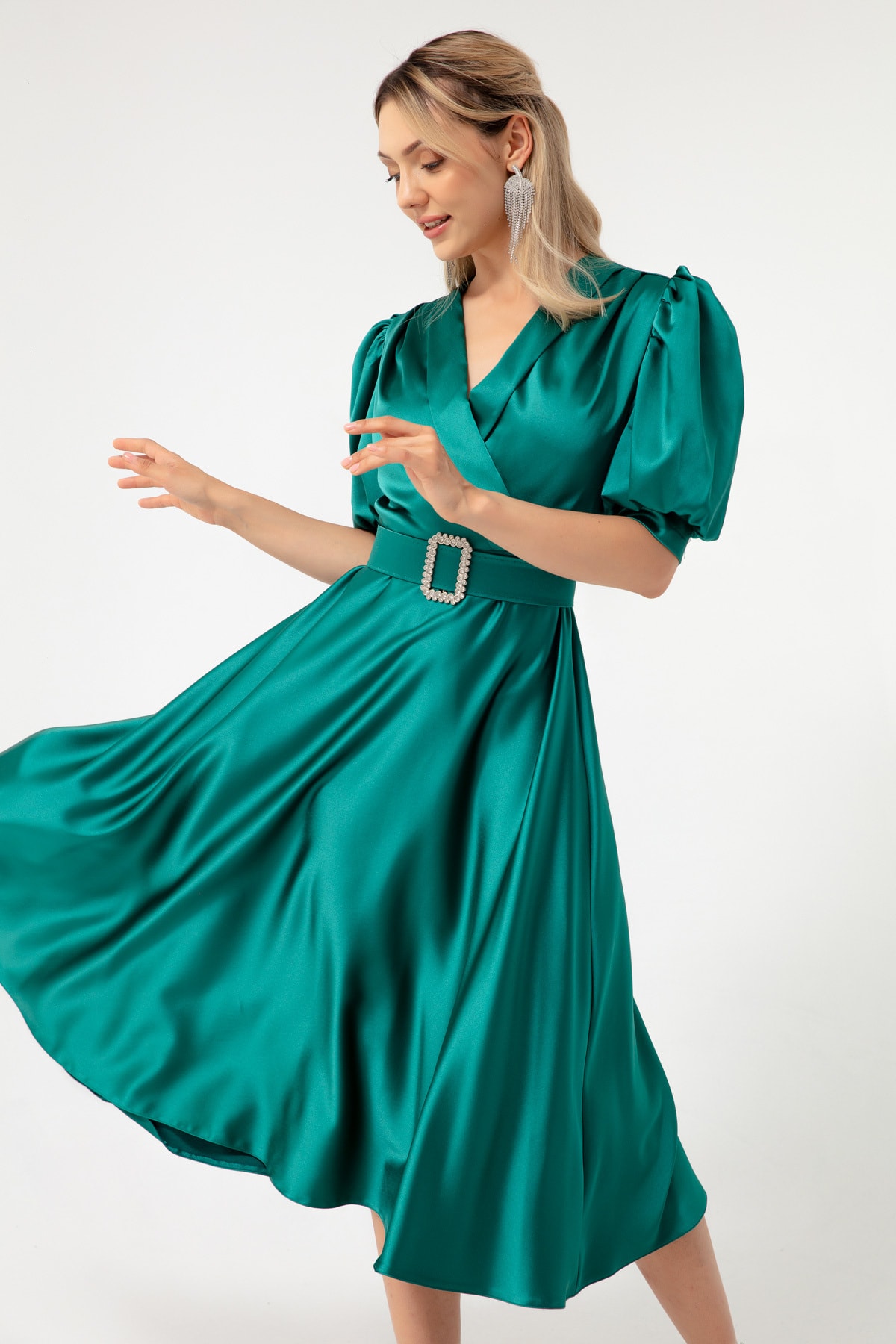Lafaba Women's Emerald Green With Stones and A Belt, Midi Evening Dress