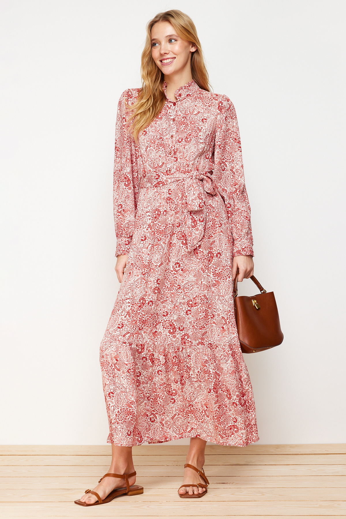 Trendyol Cinnamon Floral Viscose Woven Dress