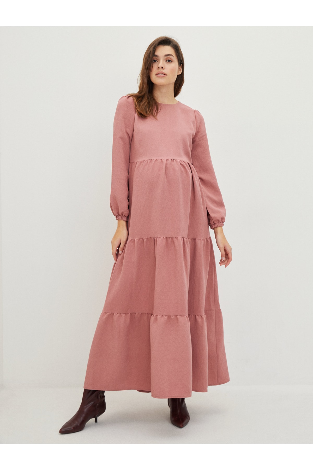 LC Waikiki Crew Neck Plain Long Sleeve Poplin Maternity Dress