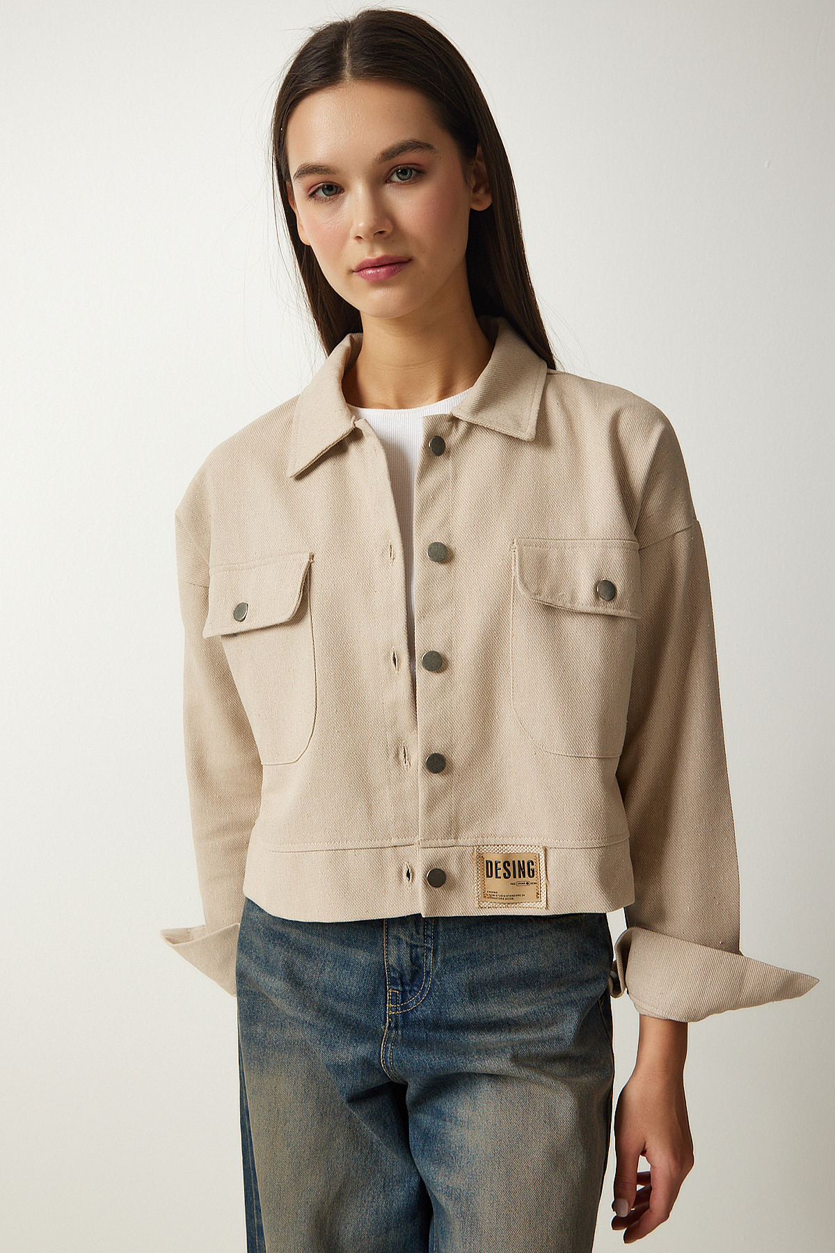 Happiness İstanbul Women's Beige Buttoned Crop Denim Jacket