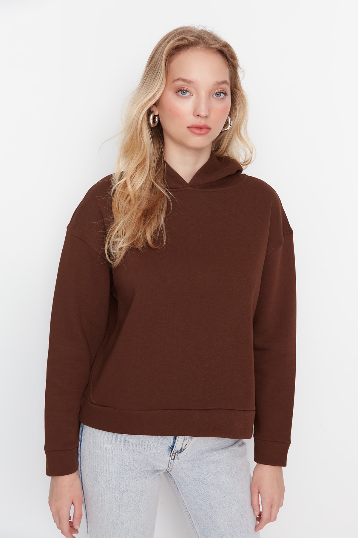 Levně Trendyol Brown Regular/Normal Wear Basic with a Hooded Fleece Inside Knitted Sweatshirt