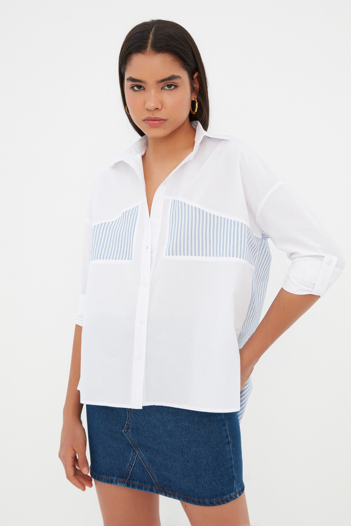 Trendyol Ecru Oversize Striped Detailed Shirt