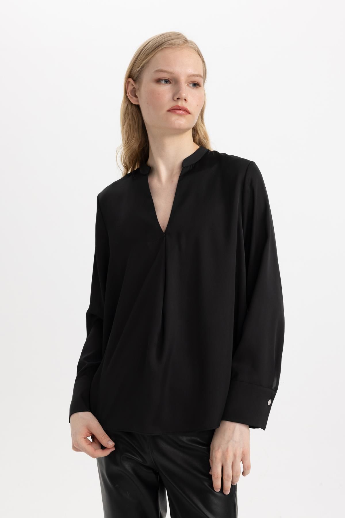 DEFACTO Regular Fit Open Neck Satin Long Sleeve Blouse