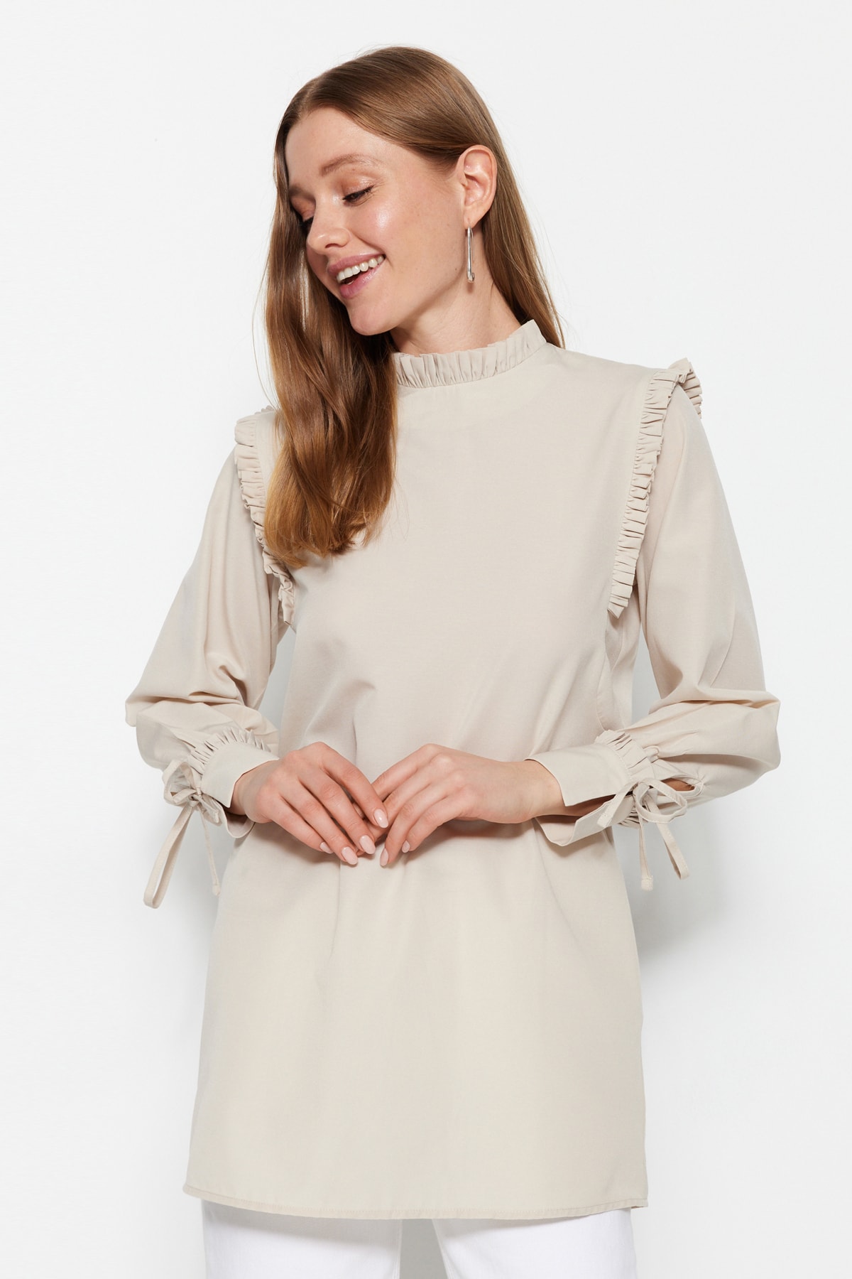 Trendyol Stone Shoulder and Cuff Frilly Woven Cotton Tunic