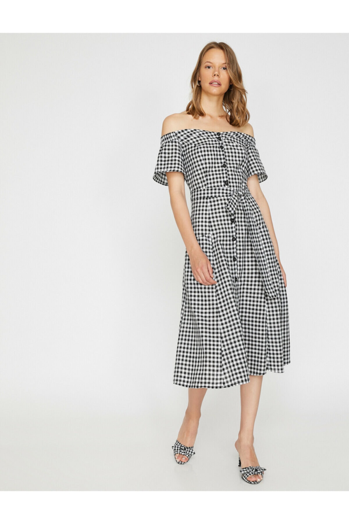 Rochie Koton Midi cu curele negre pentru femei Buton maneci scurte Detaliu Talie legata