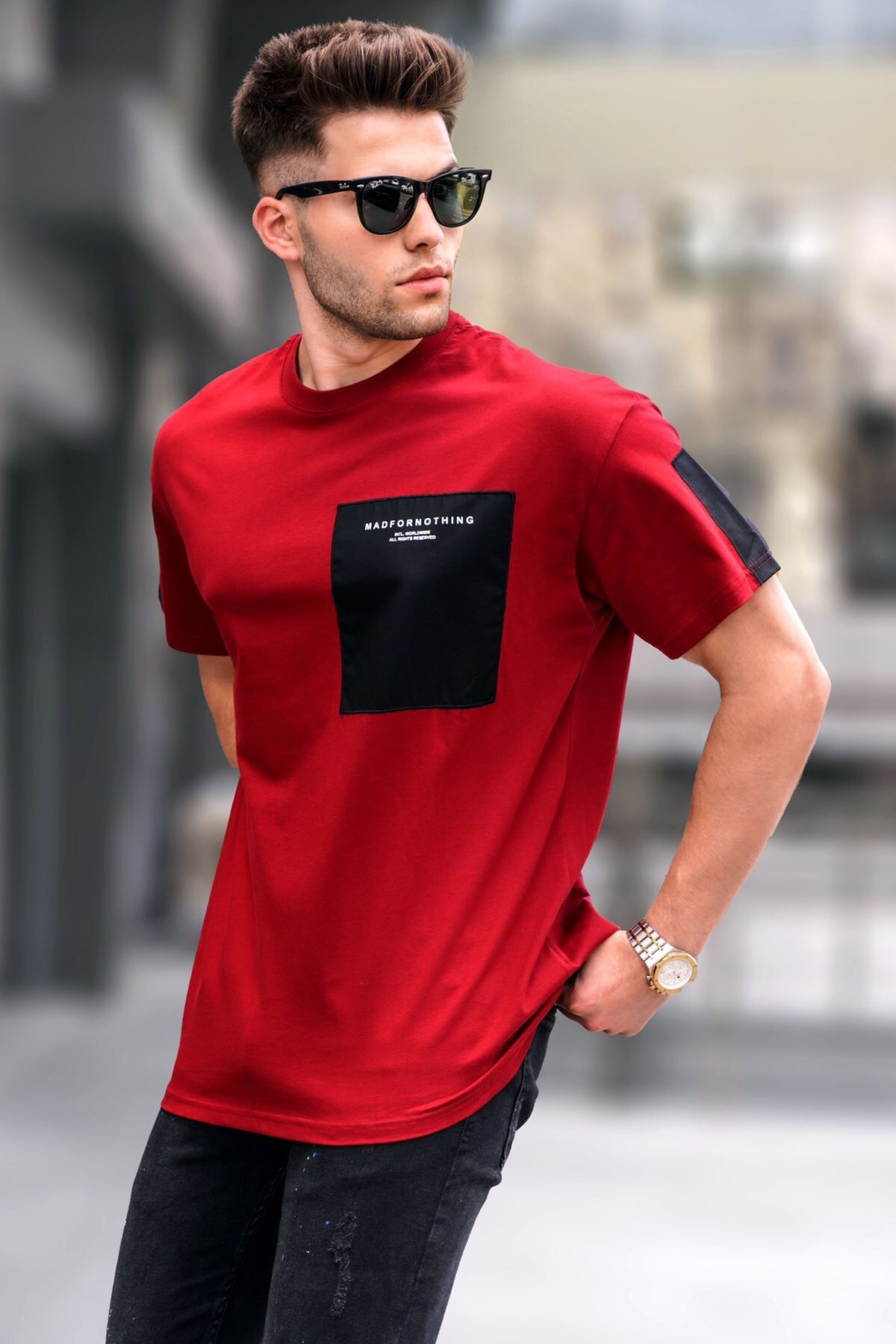 Levně Madmext Claret Red with Pocket Detailed Basic Men's T-Shirt.