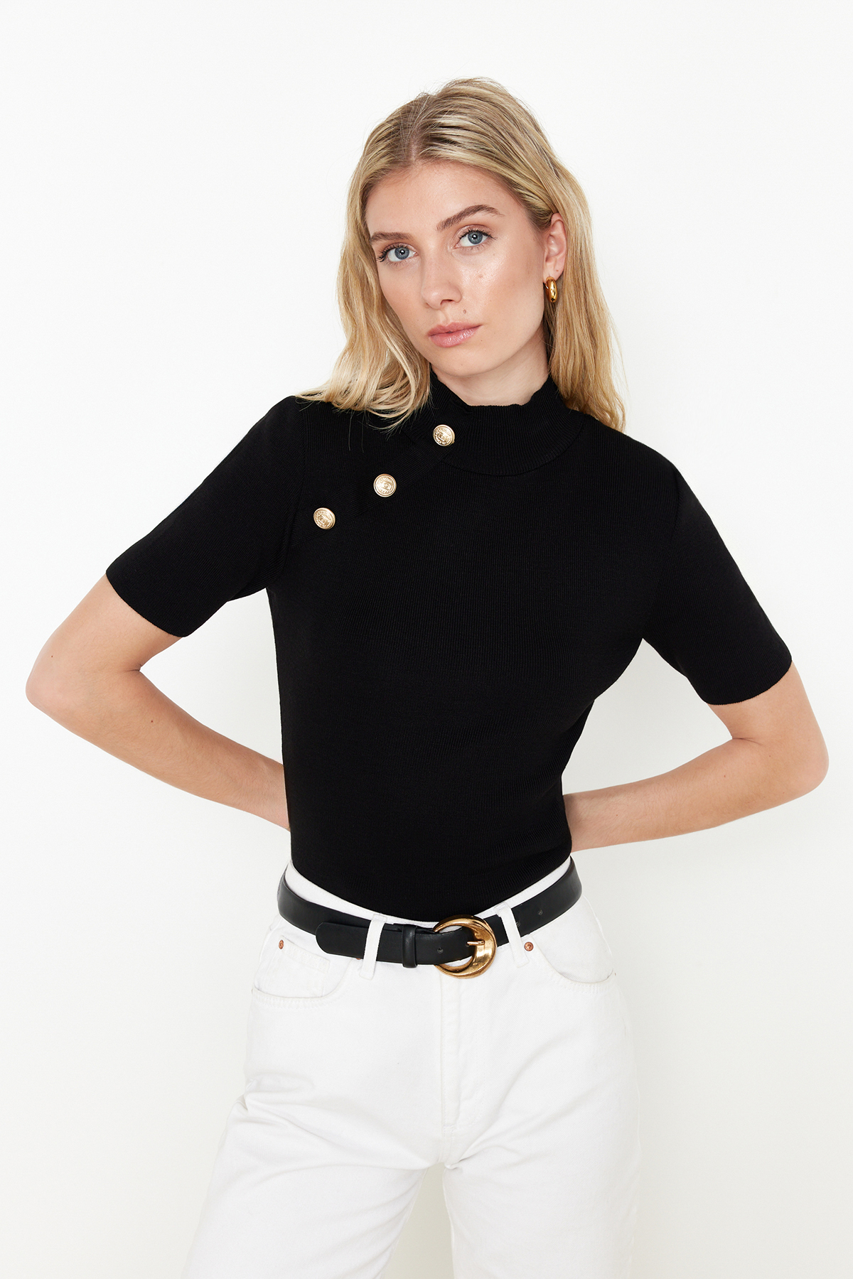 Trendyol Black Stand Collar Button Detailed Knitwear T-Shirt Look Sweater