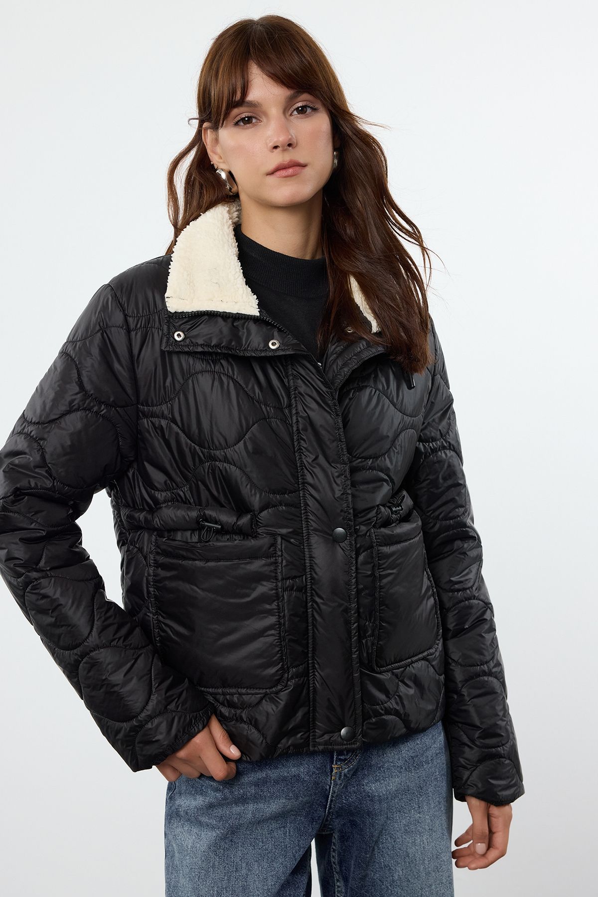 Trendyol Black Regular Fit Waist Gather Detail Für Collar Quilted Puffer Coat