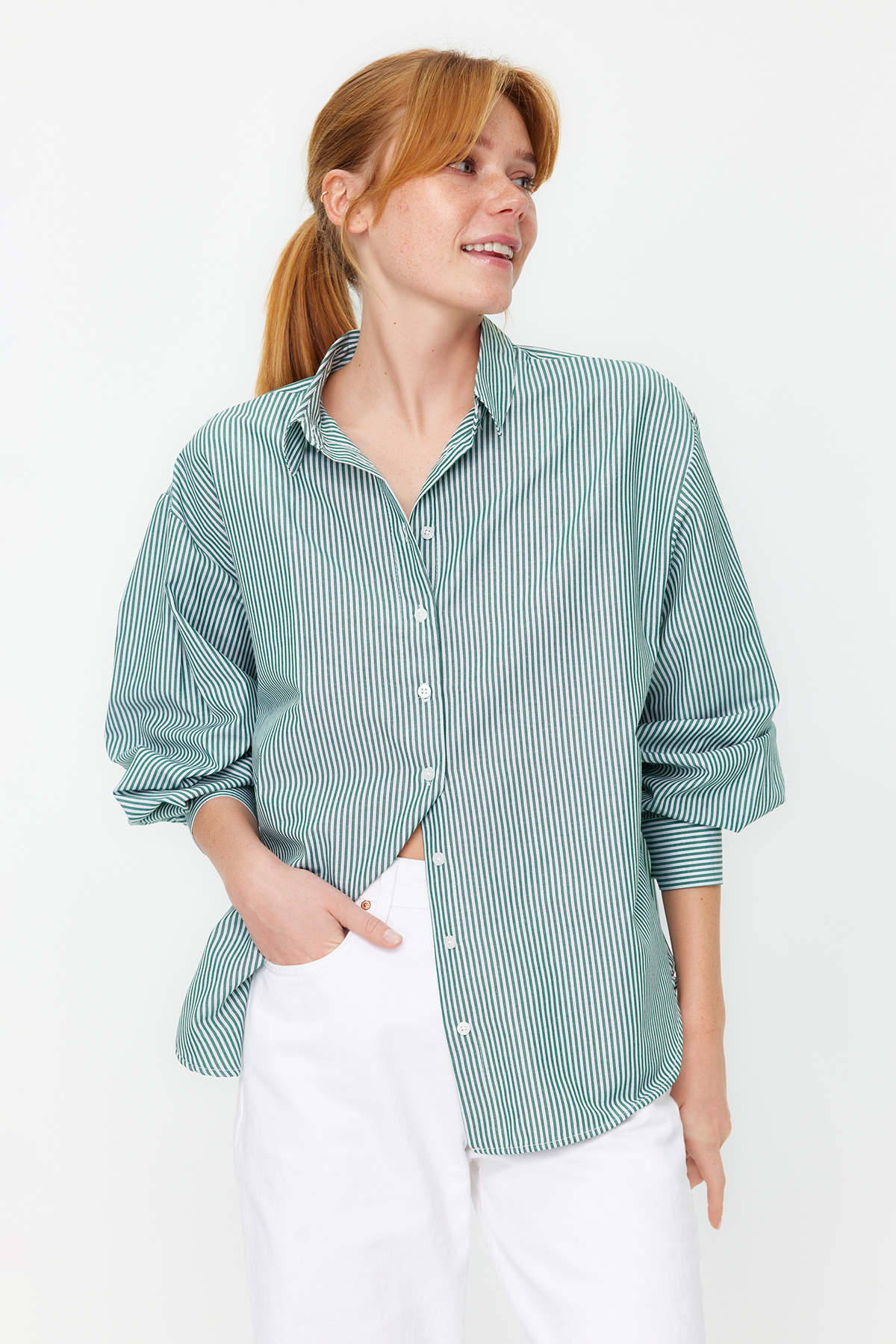 Levně Trendyol Green Striped Wide Cut Woven Shirt