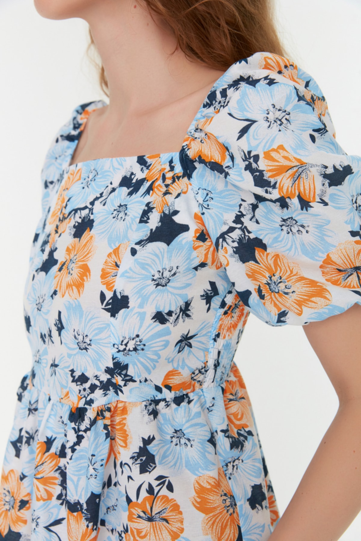 Trendyol Blue A-line balon maneca model țesut țesut rochie