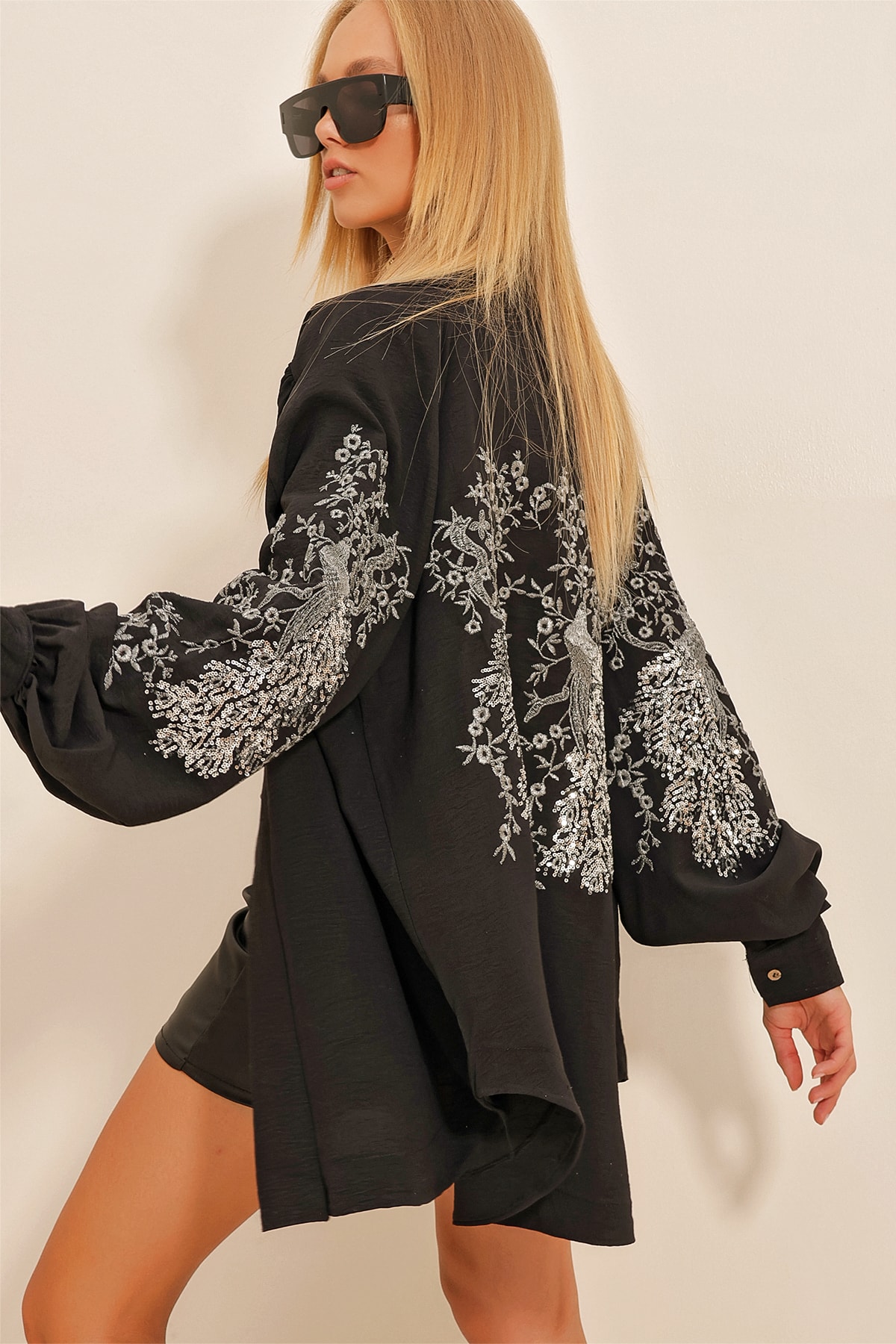 Trend Alaçatı Stili Women's Black Embroidered Kimono Jacket