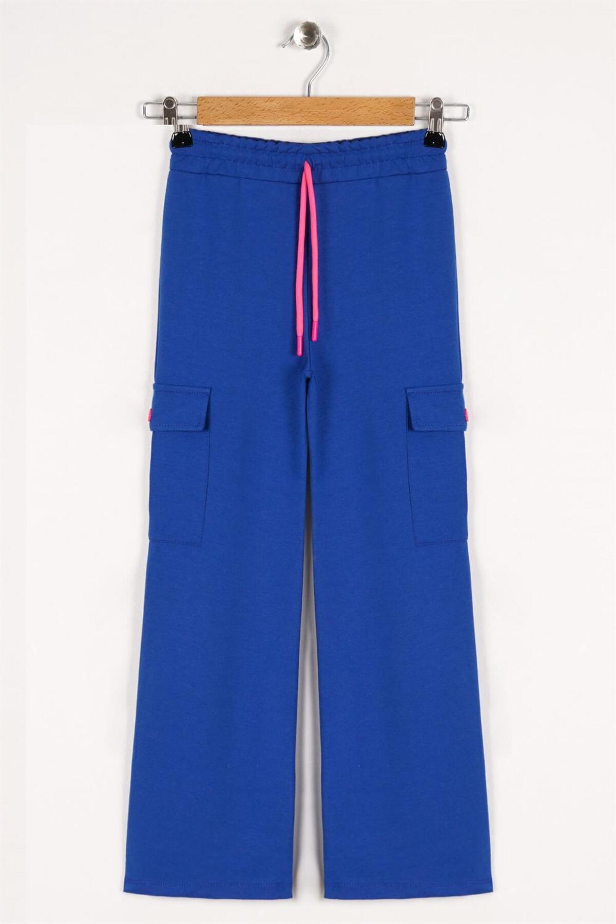 Levně zepkids Girls' Sax-colored sweatpants with cargo pockets and wide legs.