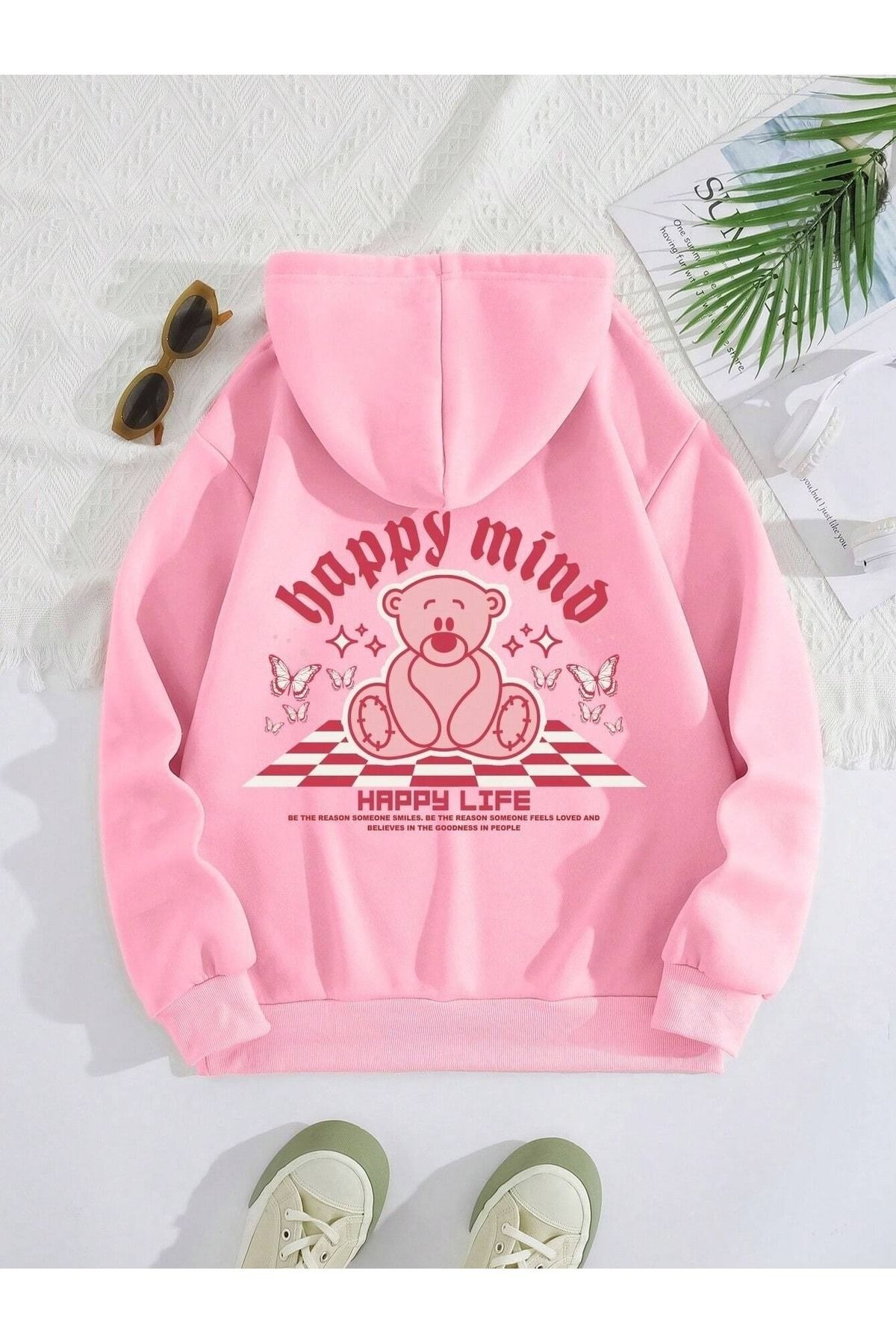 Know Unisex Pink Happy Mind Happy Life Printed Hoodie Sweatshirt.